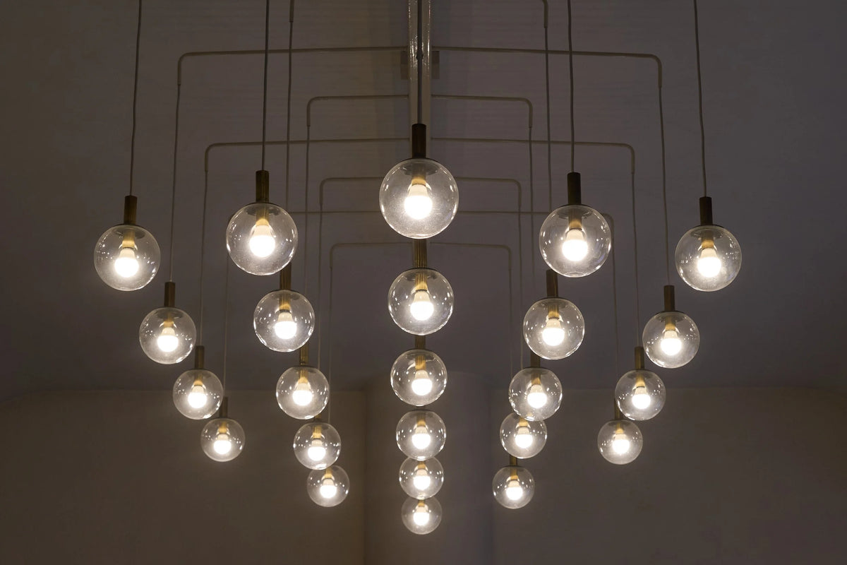 Monumental Pair of Mid-Century Chandeliers in Glass, Metal and Patinated Brass 1960, 1960 — close-up