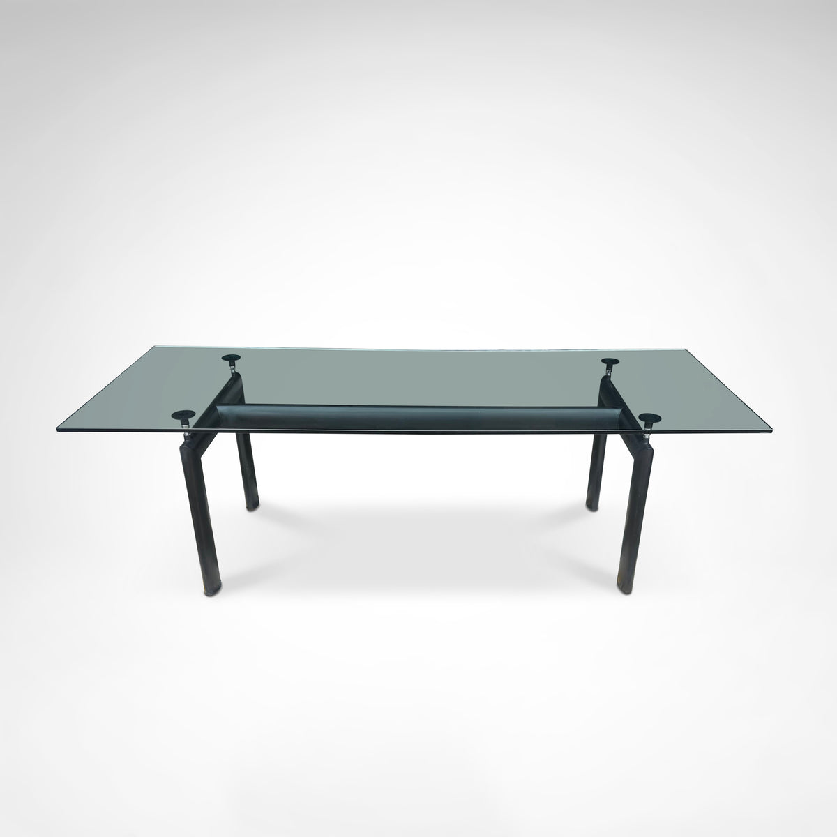 LC6 Dining Table by Le Corbusier et al. for Cassina 1990s — top view with glass surface and black legs