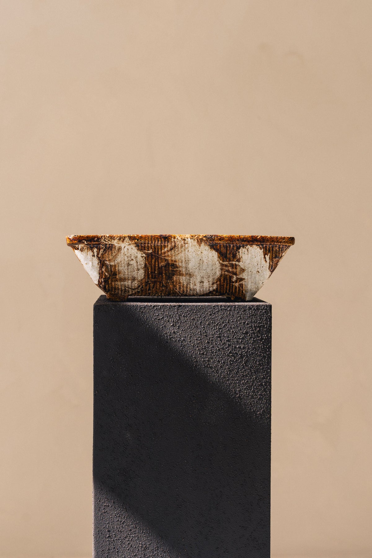 Vintage ceramic planter with rust patina on black pedestal, 1970s