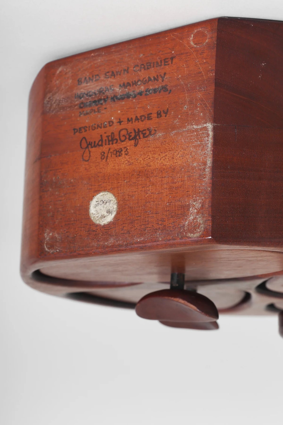 Mahogany Handmade Jewelry Box, Signed — back view showing maker's signature and details