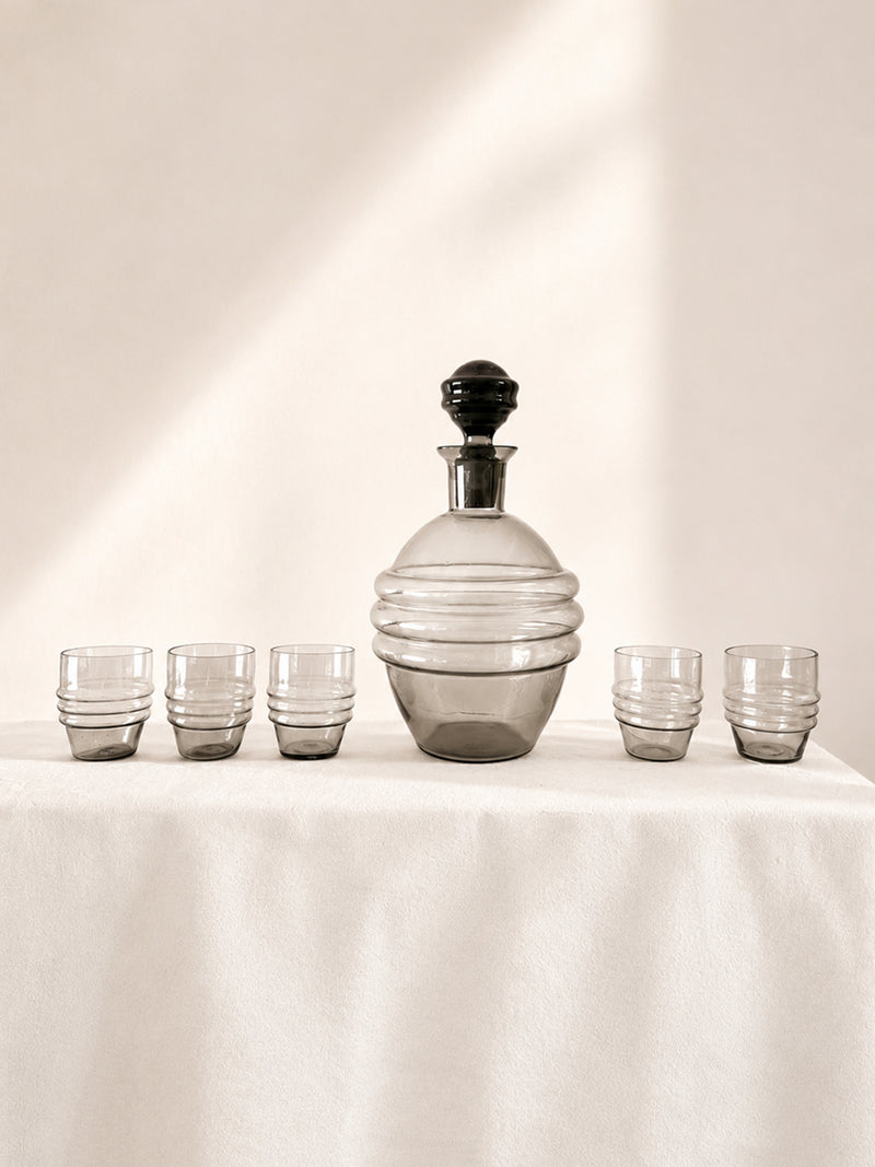 Art Deco Smoked Glass Decanter & Five Tumblers - 1930s by Dodo Vintage | The Oblist