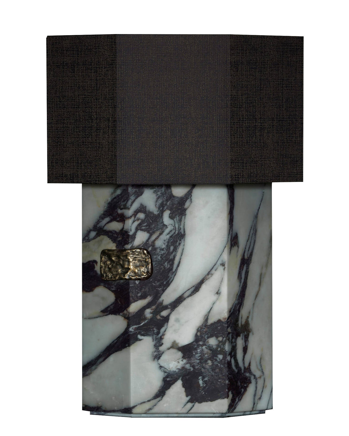 Black lampshade detail on Calacatta Viola marble table lamp base