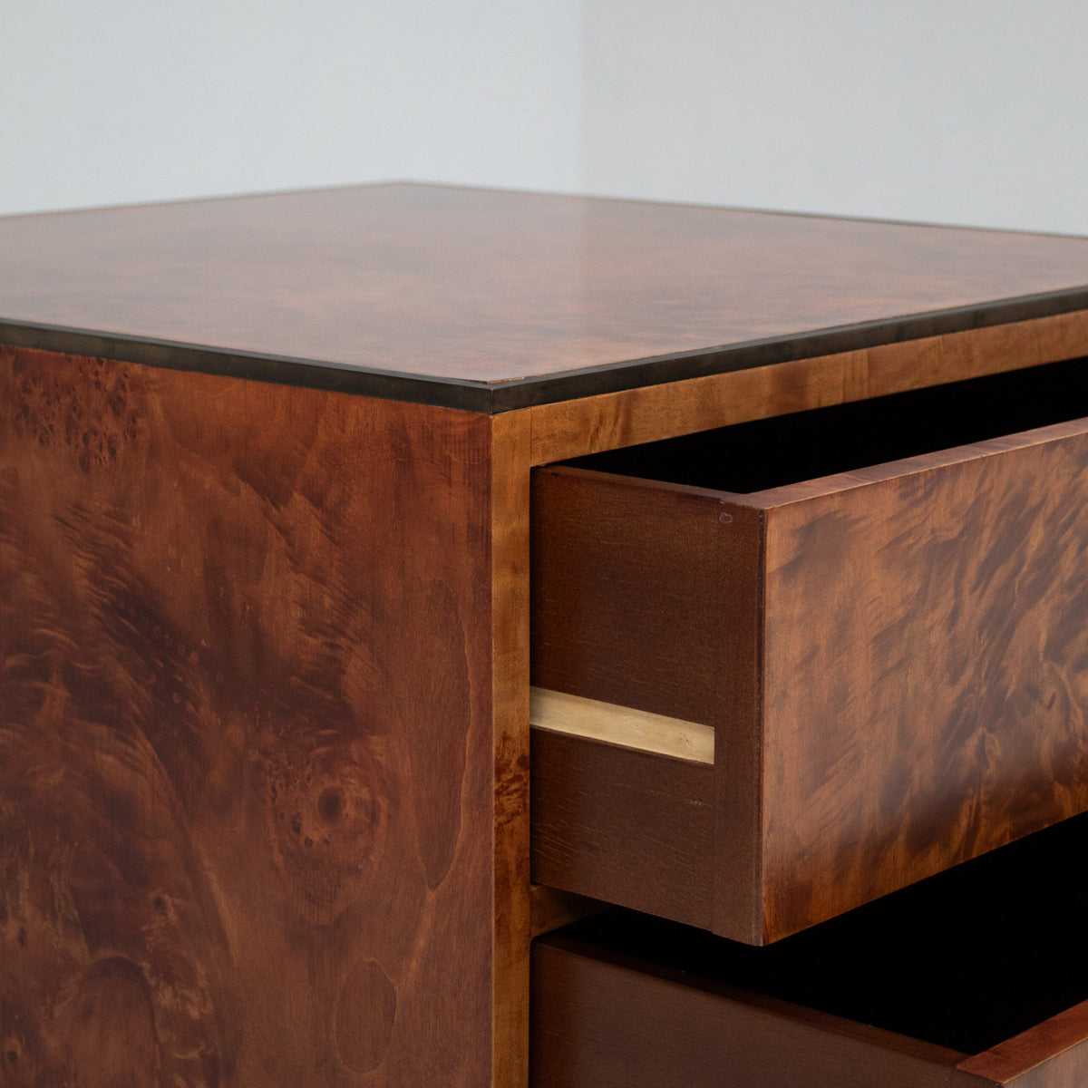 Vintage Burl Wood Cube Cabinet with Two Drawers — in context