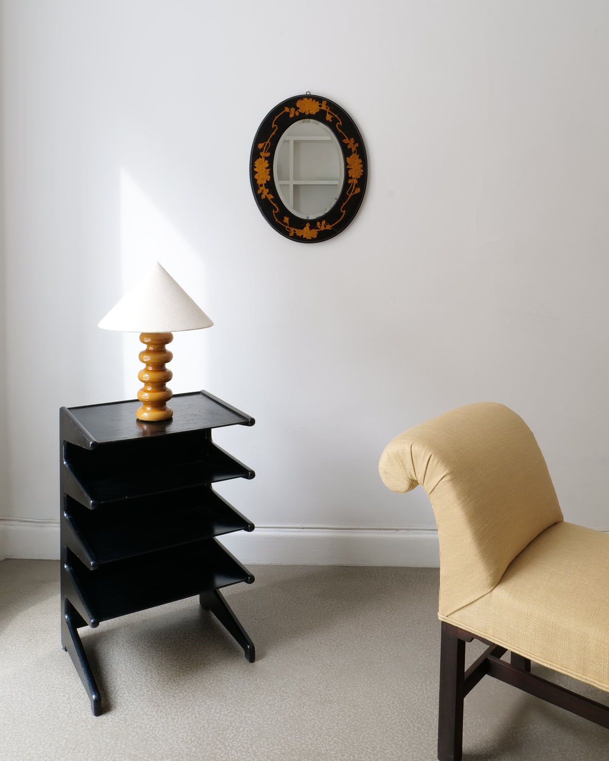Arts and Crafts oval mirror 1910, floral marquetry frame, lifestyle setting