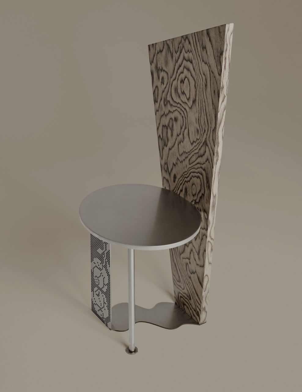 Modern Runa chair with wood grain backrest and perforated metal base