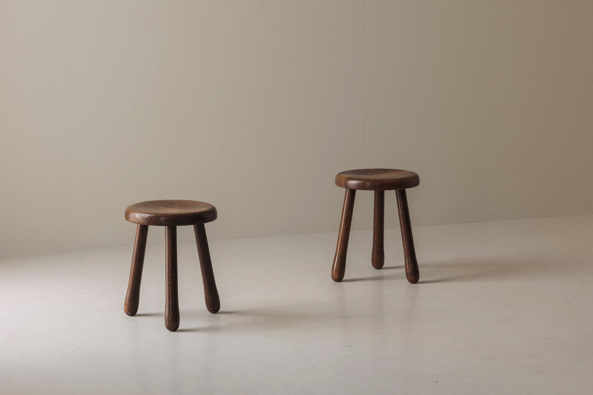 Set of Two Tripod Solid Elm Stools, France 1960s by Modern Living | The Oblist