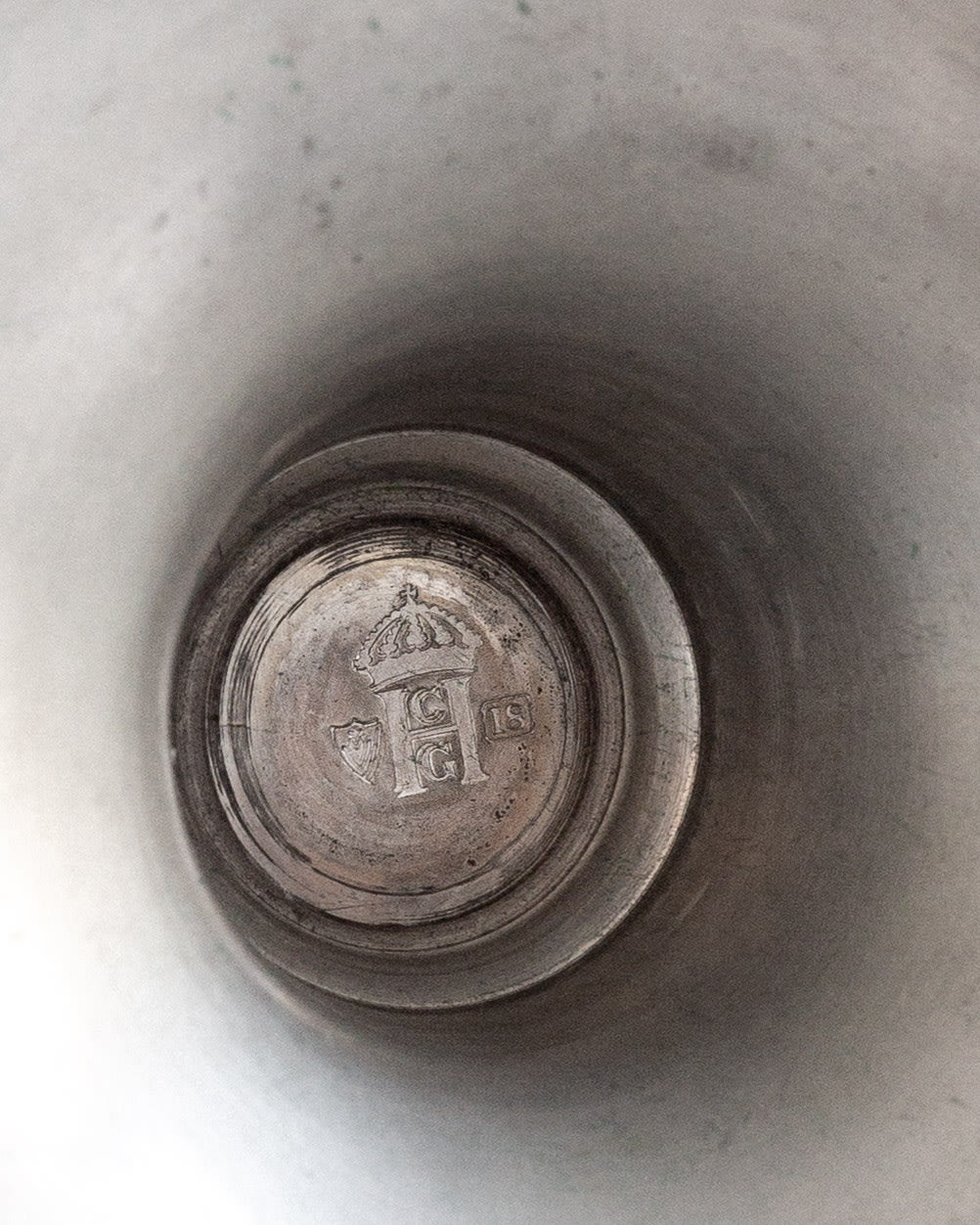 Art Deco Pewter Vase by C.G. Hallberg, Sweden, 1935 — top view of interior with maker's mark