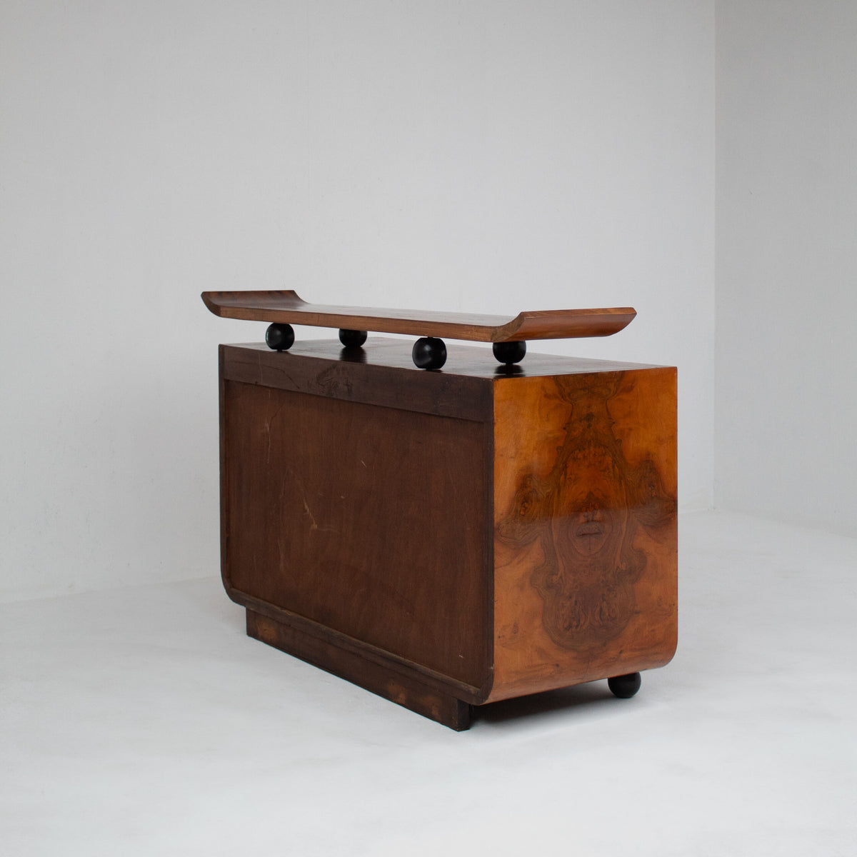 Art Deco Burl Wood Cabinet with Sculptural Top — lifestyle setting