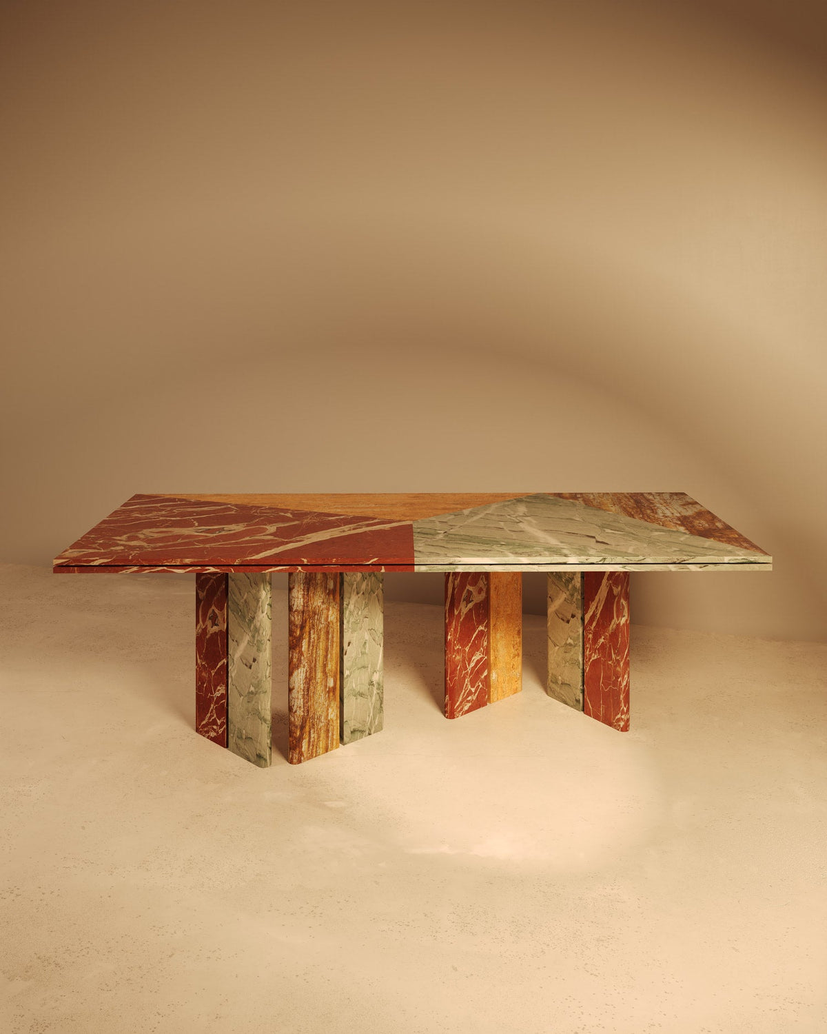 Multicolored marble dining table with geometric block pedestals