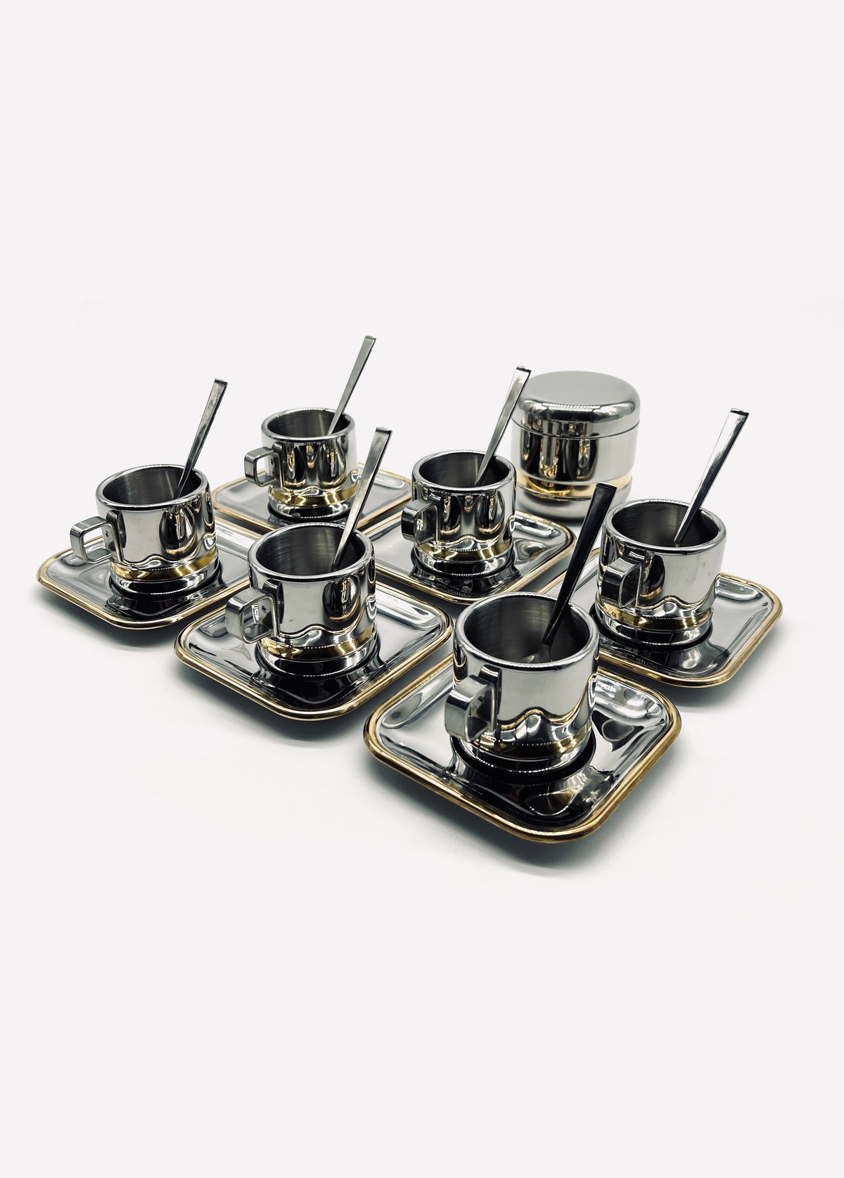 Vintage Italian stainless steel coffee cups with saucers and sugar bowl set