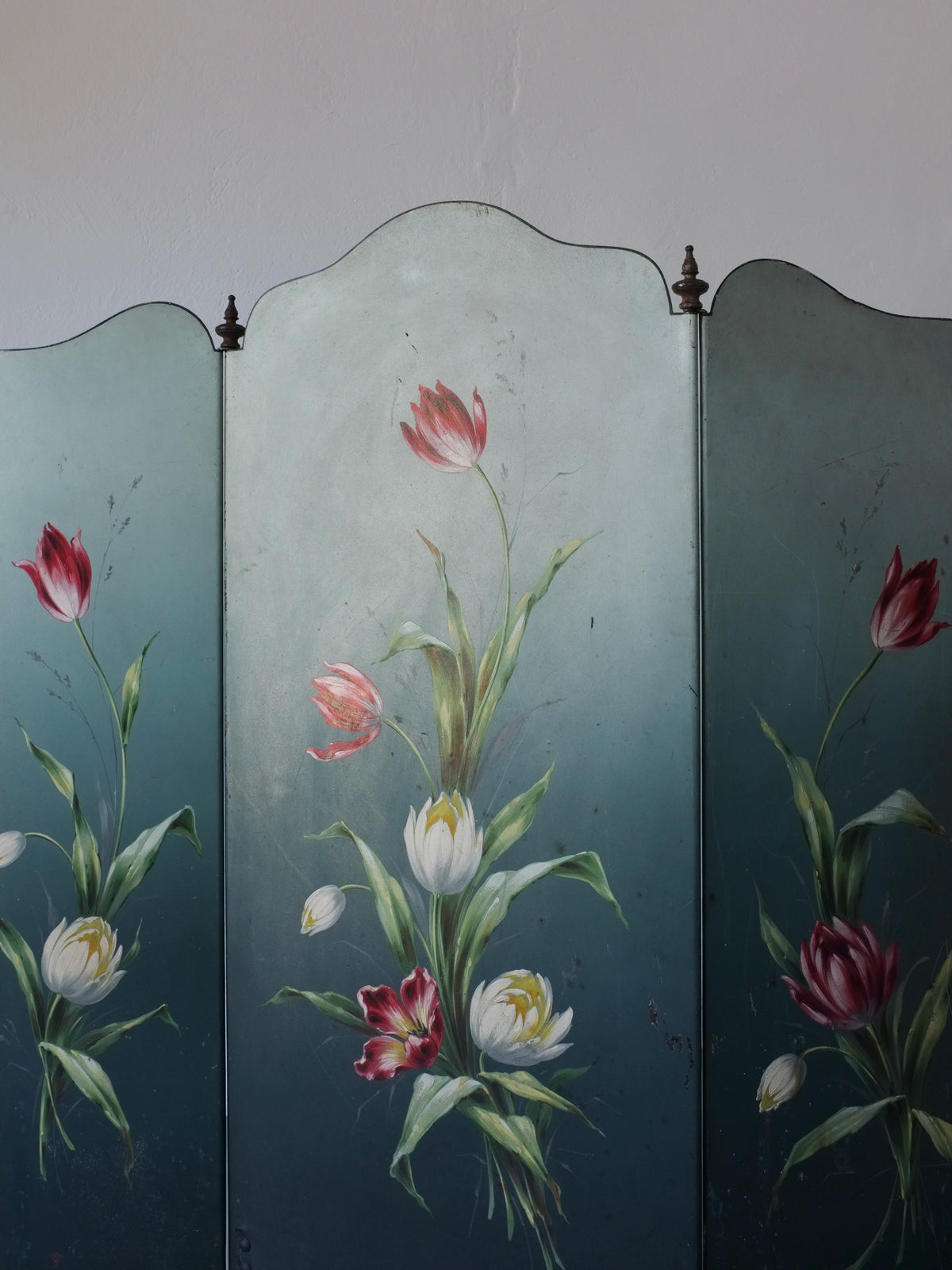 Hand-painted tulip motifs on vintage Art Nouveau three-panel screen