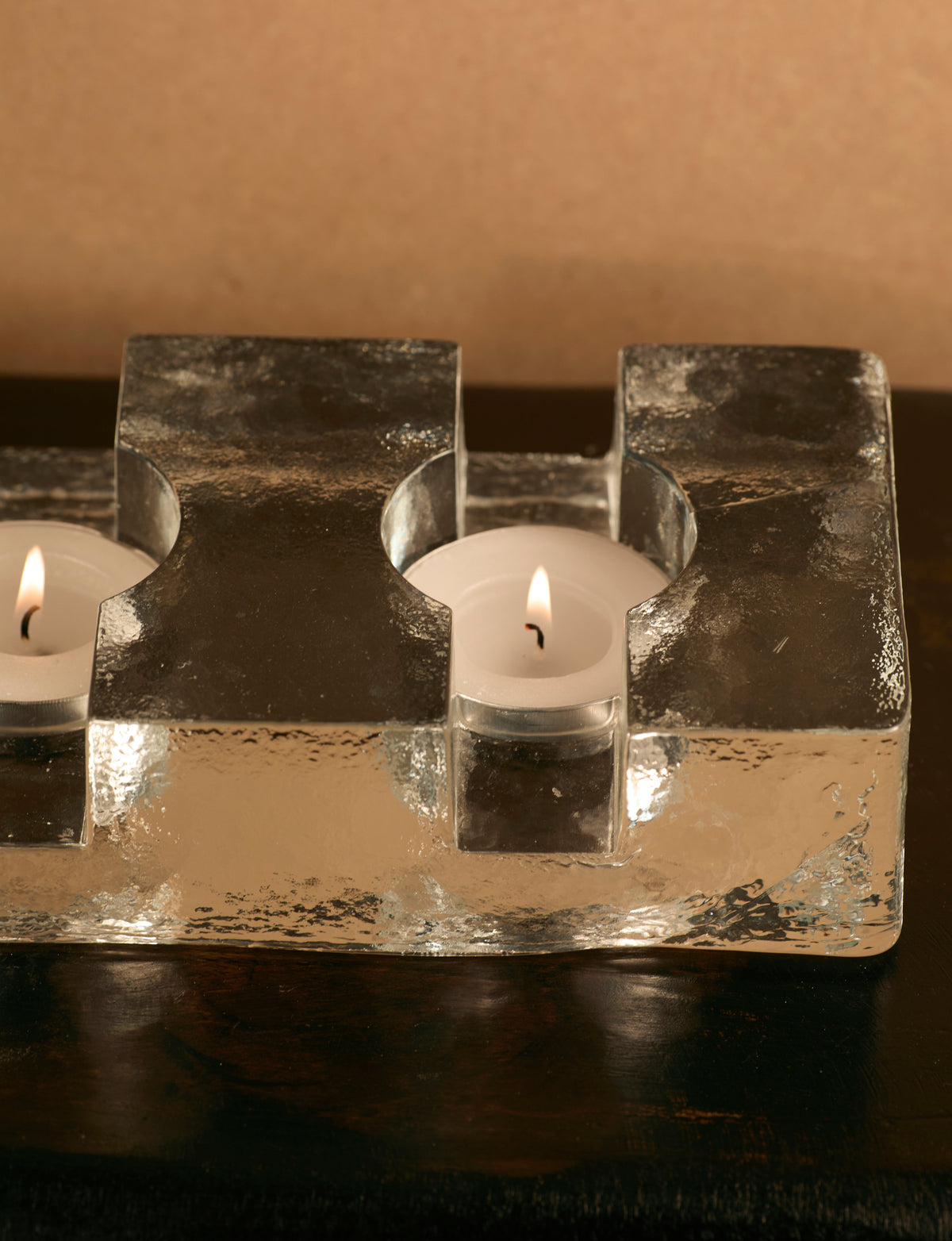 Important Scandinavian Clear Glass Candle Holder c. 1960 — back view highlighting candle slots