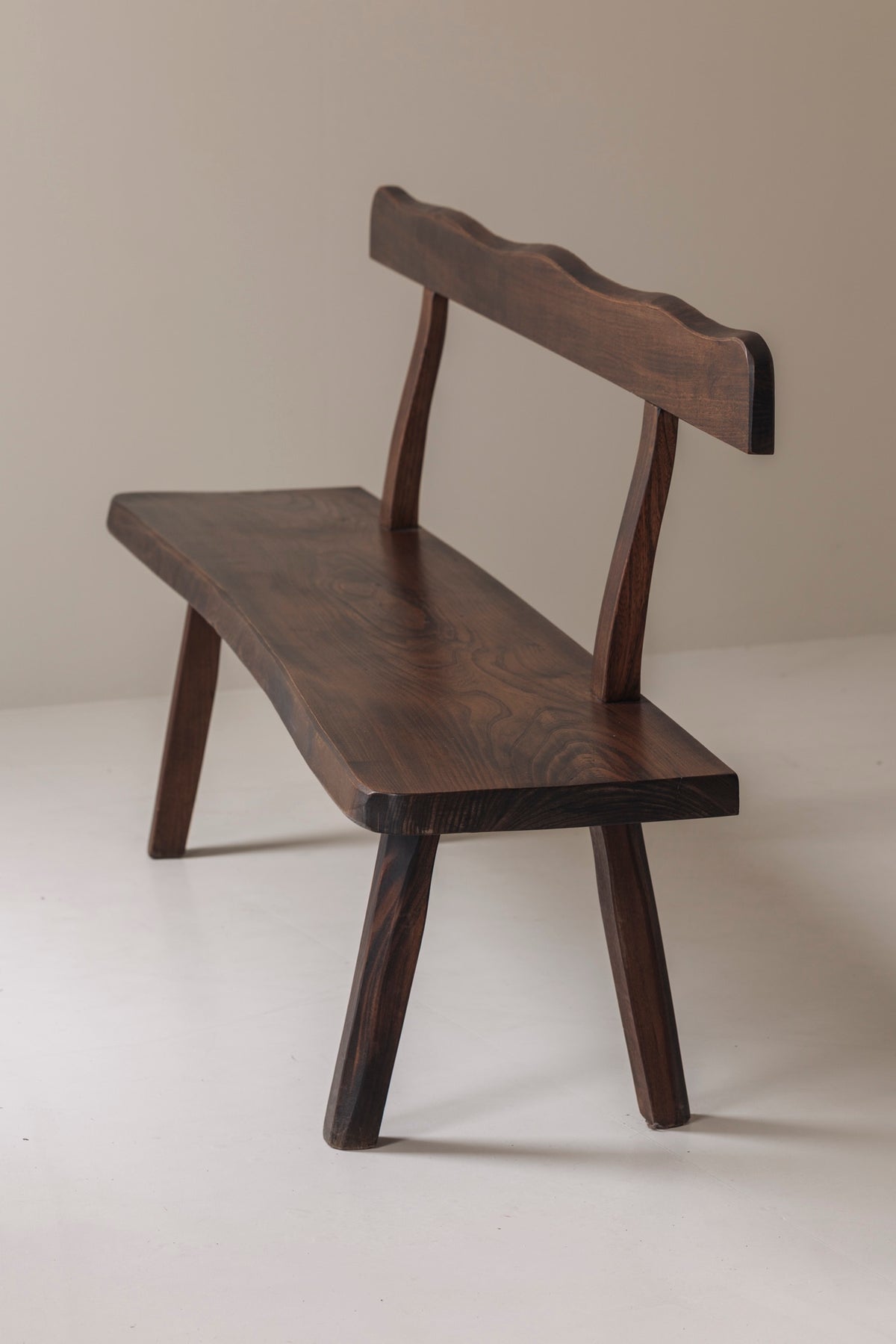 Sculptural Bench by Olavi Hanninen for Aranjou, France 1950s — back view highlighting dark wood finish