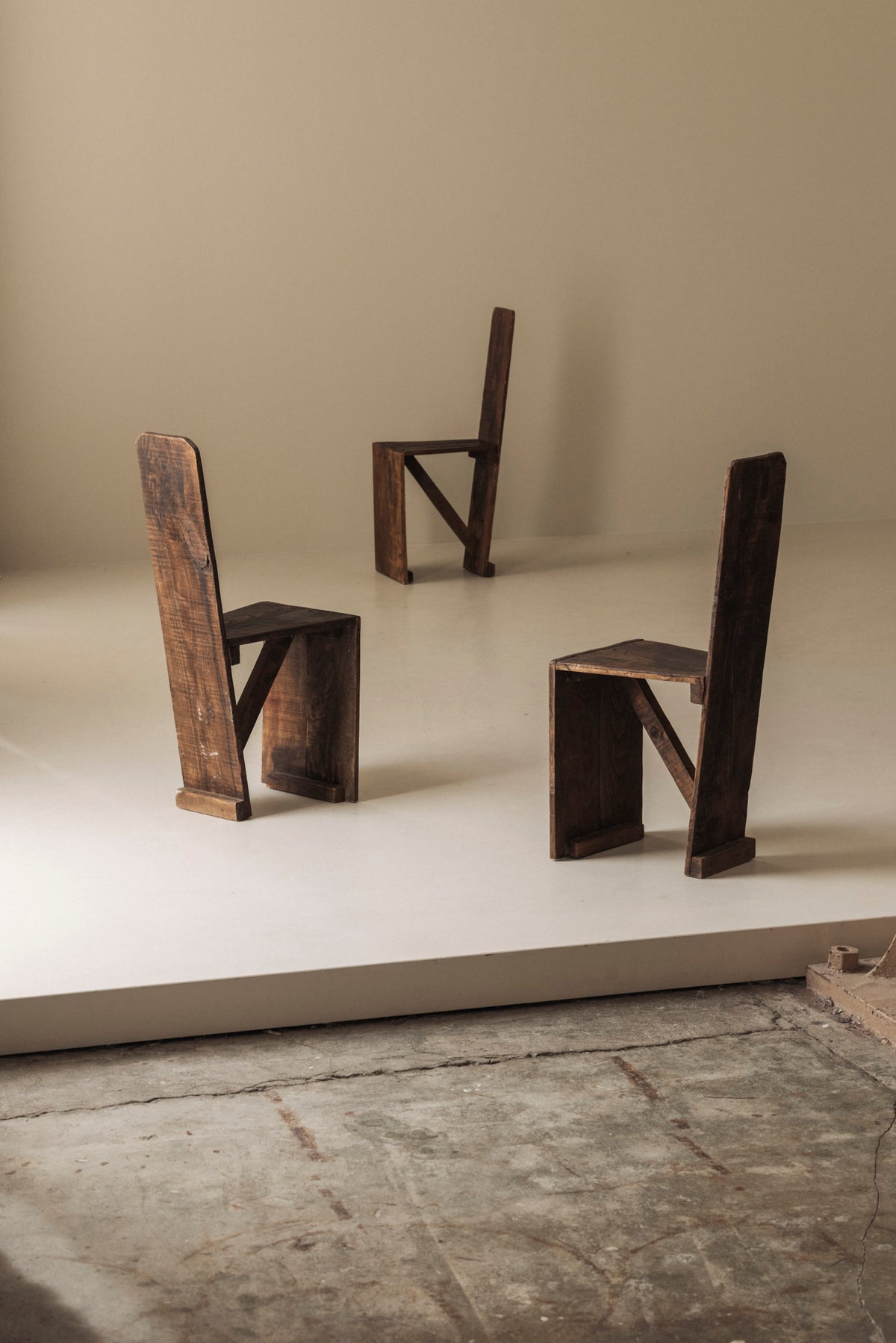 Set of 3 Primitive French Wooden Chairs, 1940s–1950s — detail view