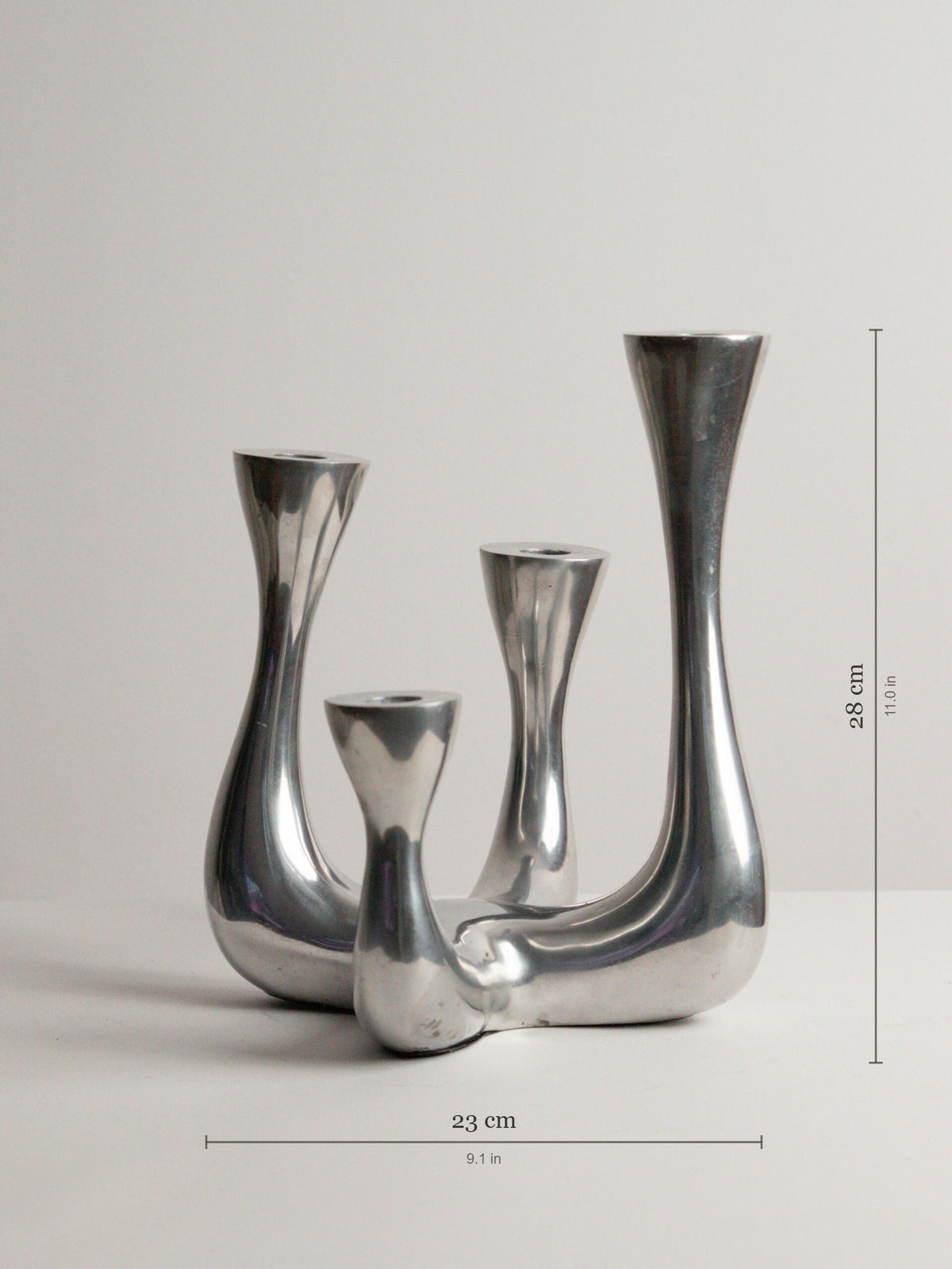 Organic Modern Four-Arm Candelabra in Polished Cast Aluminium, Swan Neck Arms, Northern European 1980s — detail view