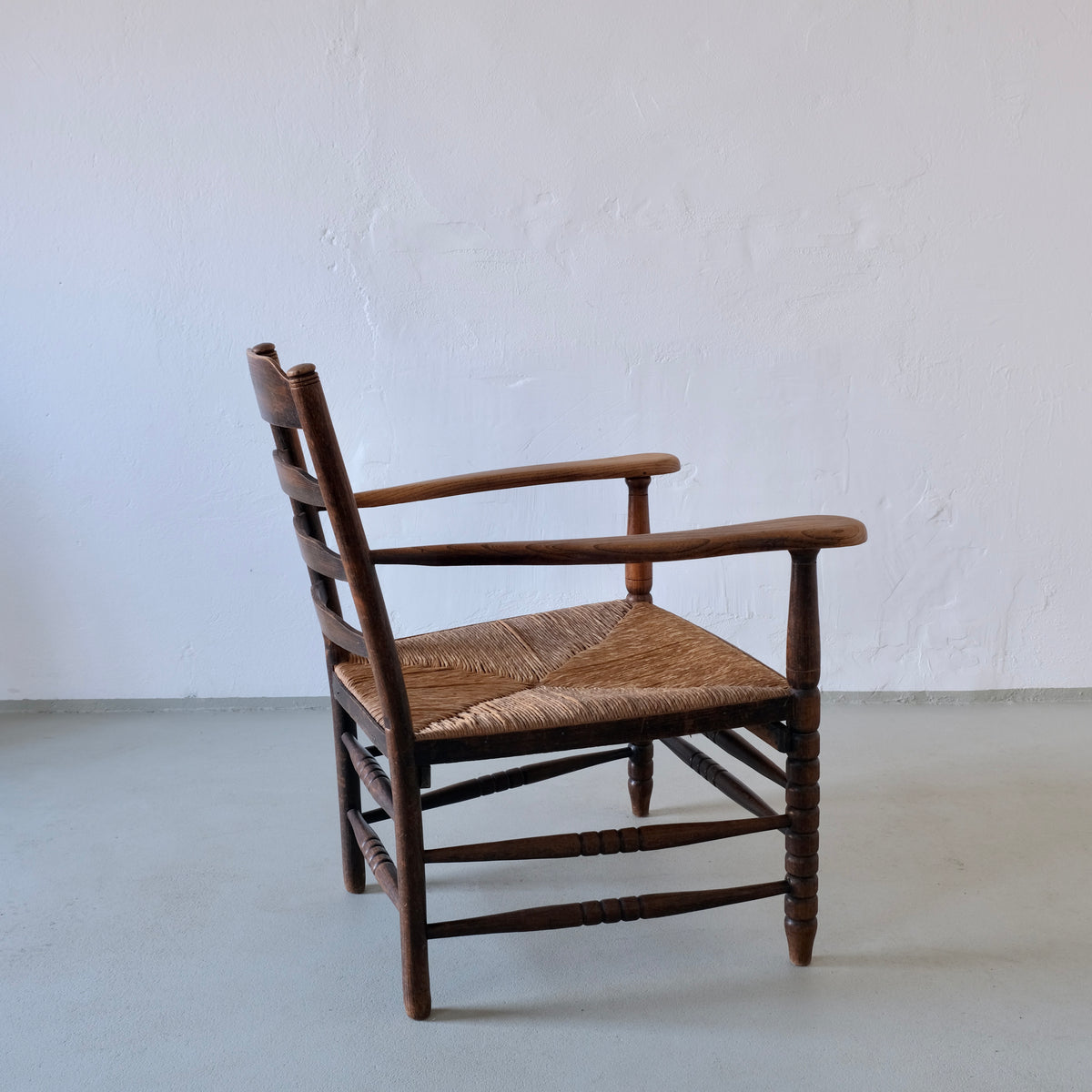 Rustic Bobbin Rush Seat Low Armchair | Netherlands | 1940s — alternate view