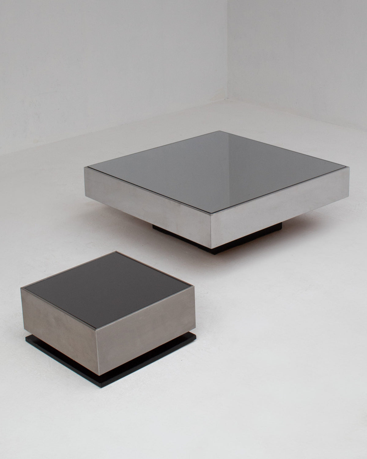 Pair of Italian Smoked Glass and Brushed Metal Coffee Tables — detail view