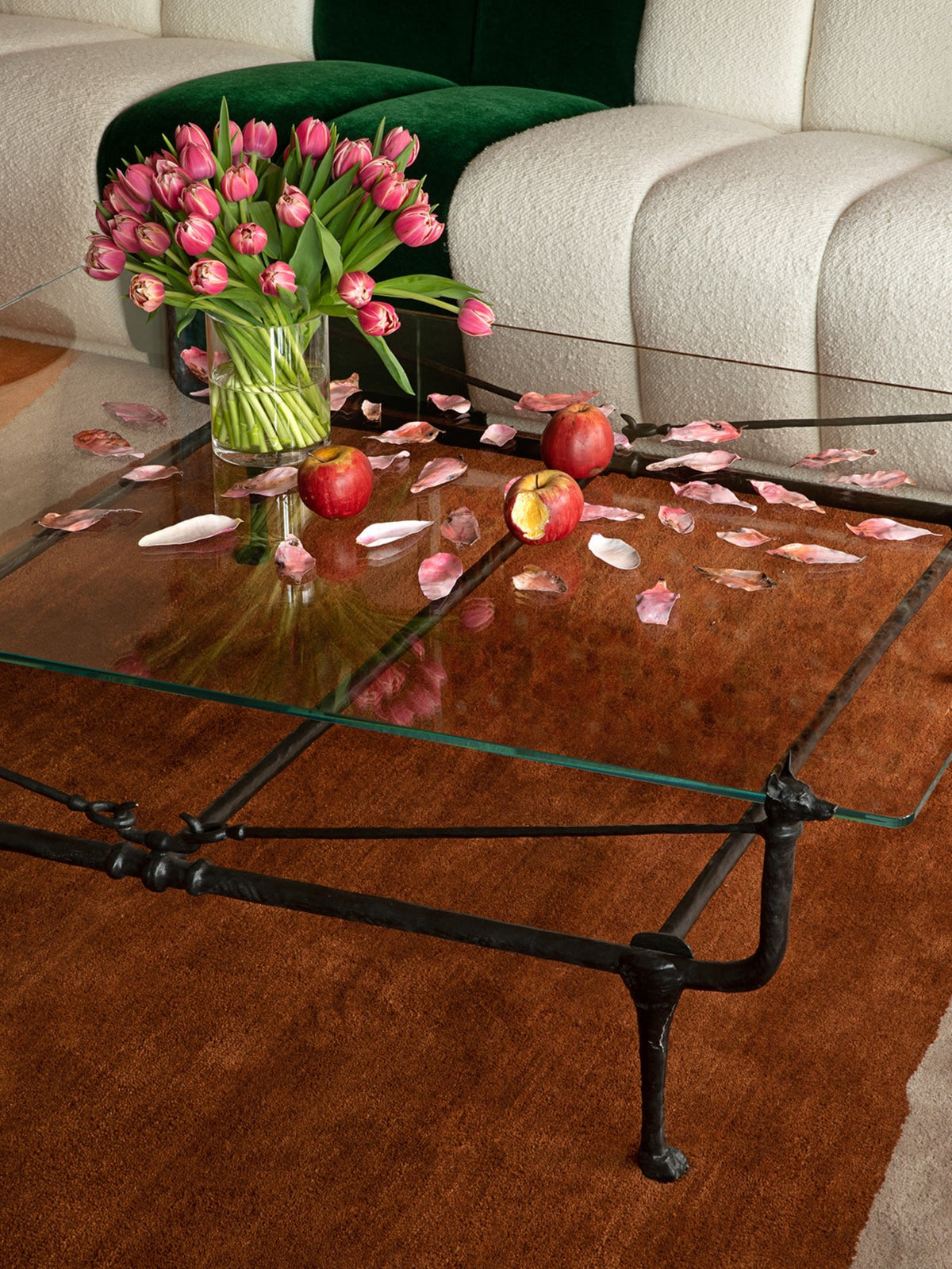 Loyal Bronze Dog Coffee Table — glass top with decorative flowers and apples
