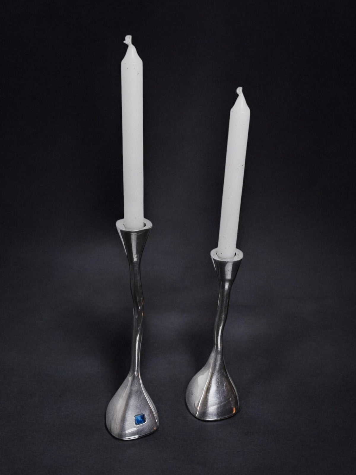Pair of zigzag candle holders, solid aluminum and polished stone, art3, Spain, 1970 — lifestyle setting