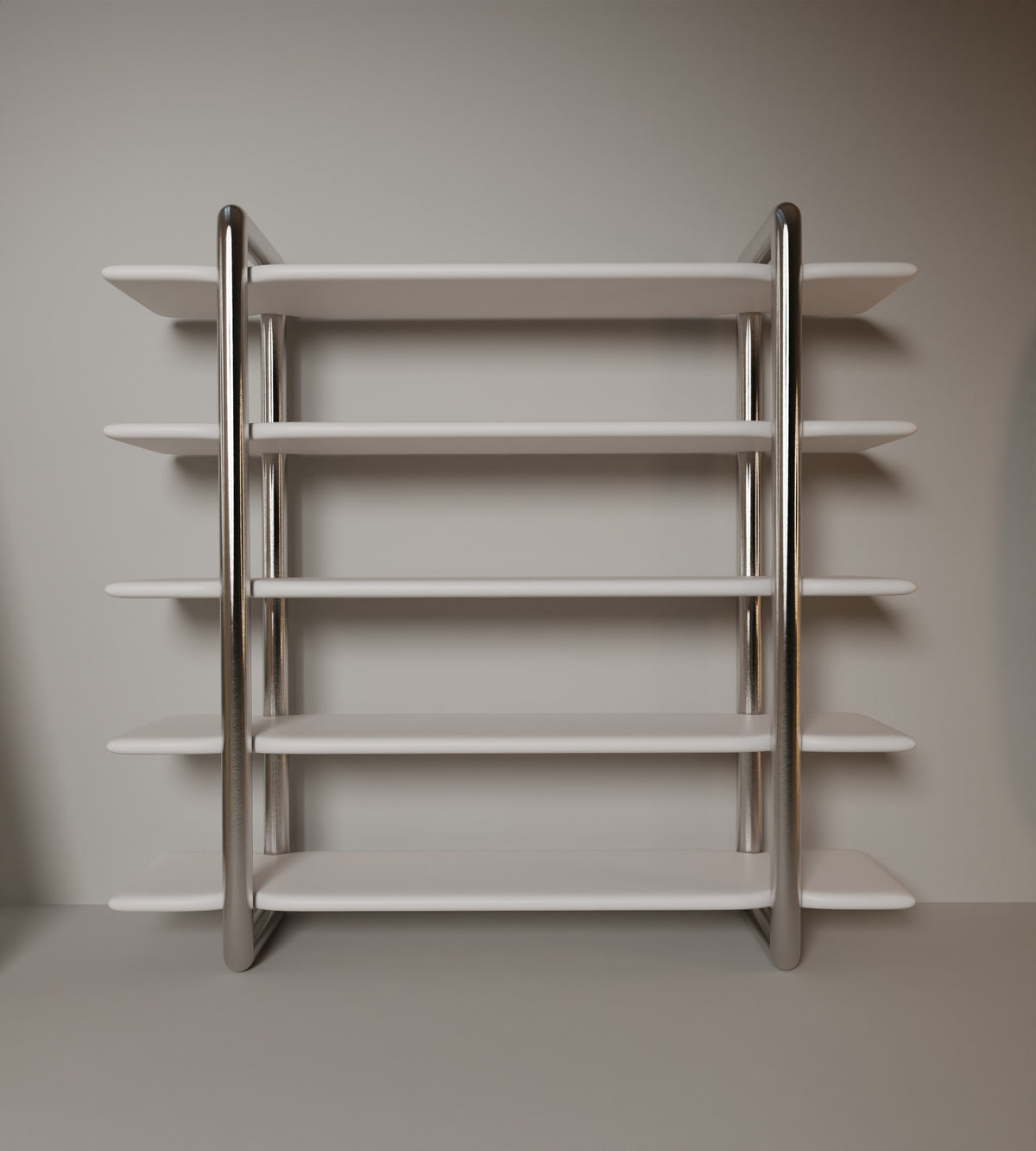 Modern stainless steel bookshelf with white shelves, minimalist design