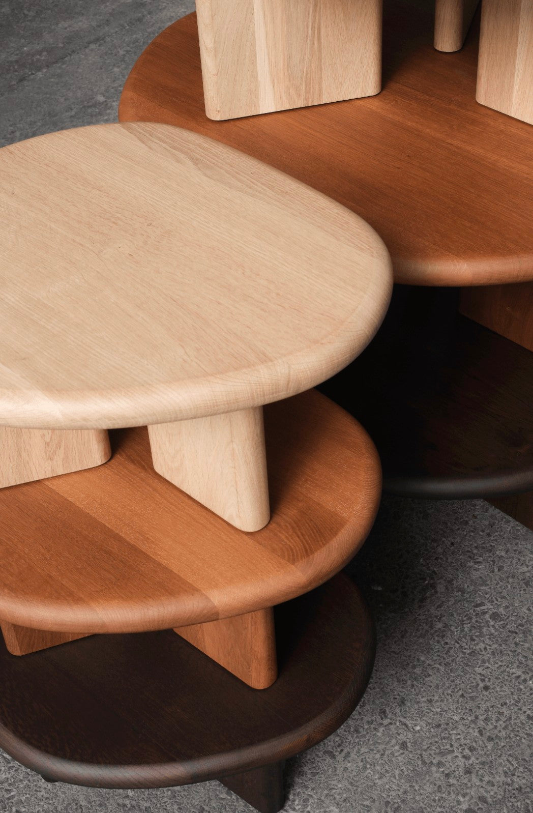 Coffee Table - Ed. Color Espresso - Oak — top view of stacked wooden tables