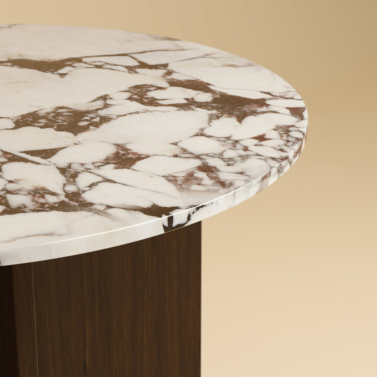 Round Dining Table - DALMA Series in Calacatta Viola Marble and Oak — side angle