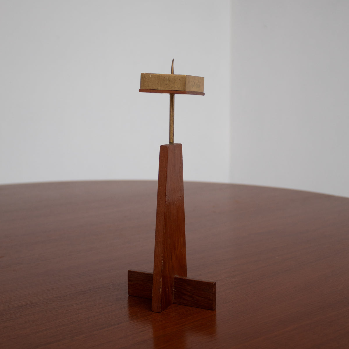 Vintage Candle Holders in Wood / Teak — back view on wooden table