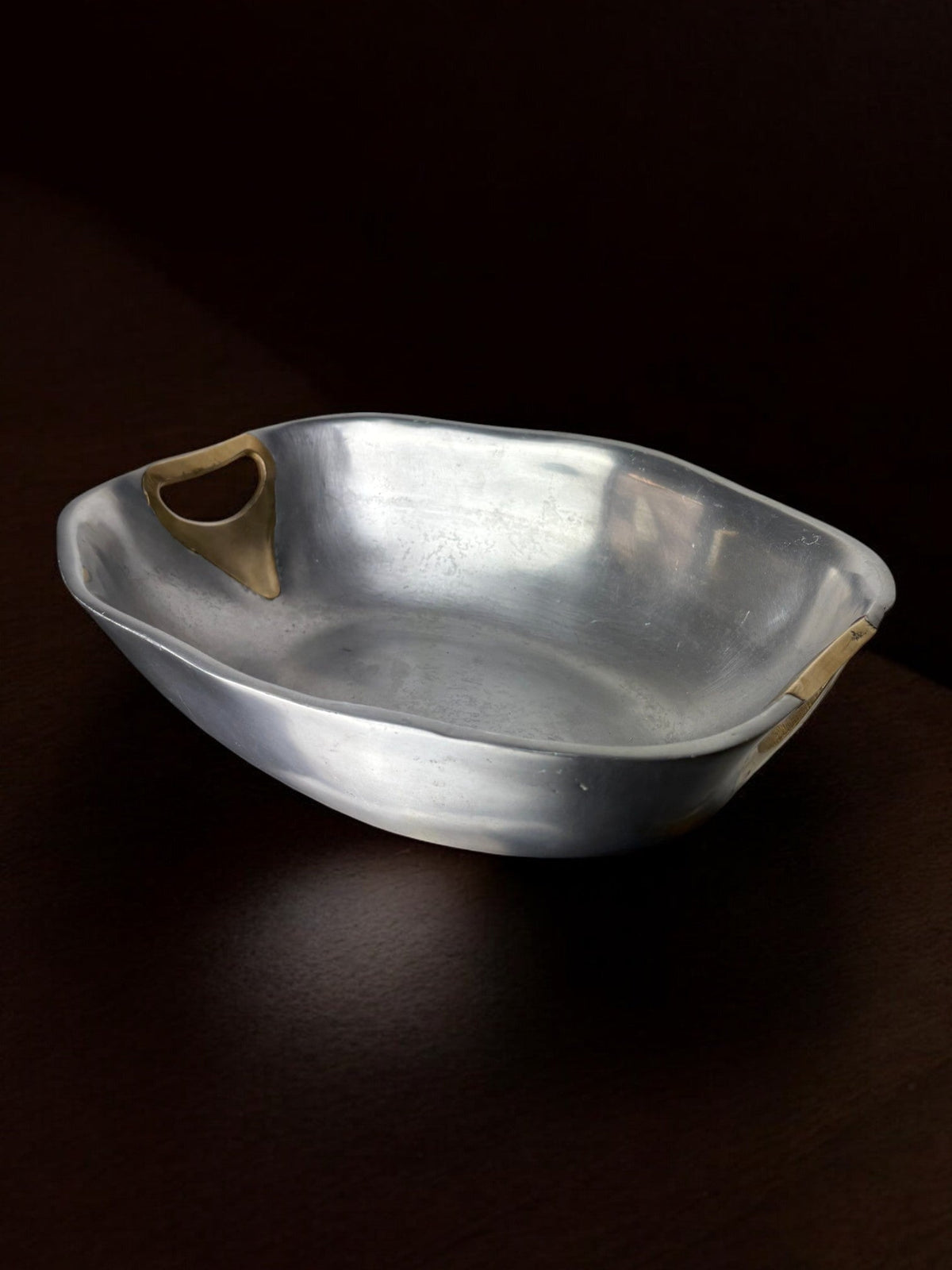 Brutalist Centerpiece by Ardisur, Spain, circa 1970's — close-up of aluminum dish with brass handles