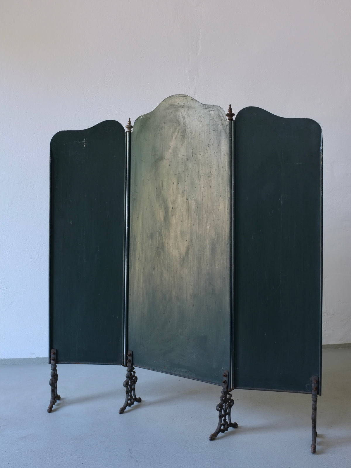 Vintage Art Nouveau three-panel painted screen with ornate metal legs