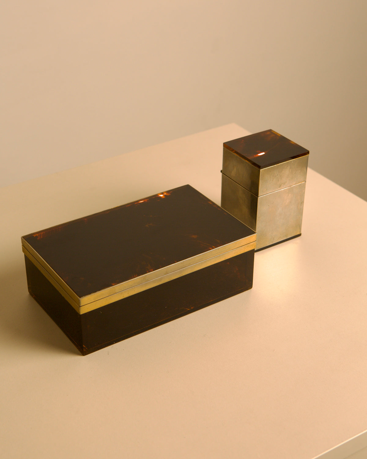 Italian Hollywood Regency box in faux tortoiseshell lacquer and brass with matching lighte — lifestyle setting