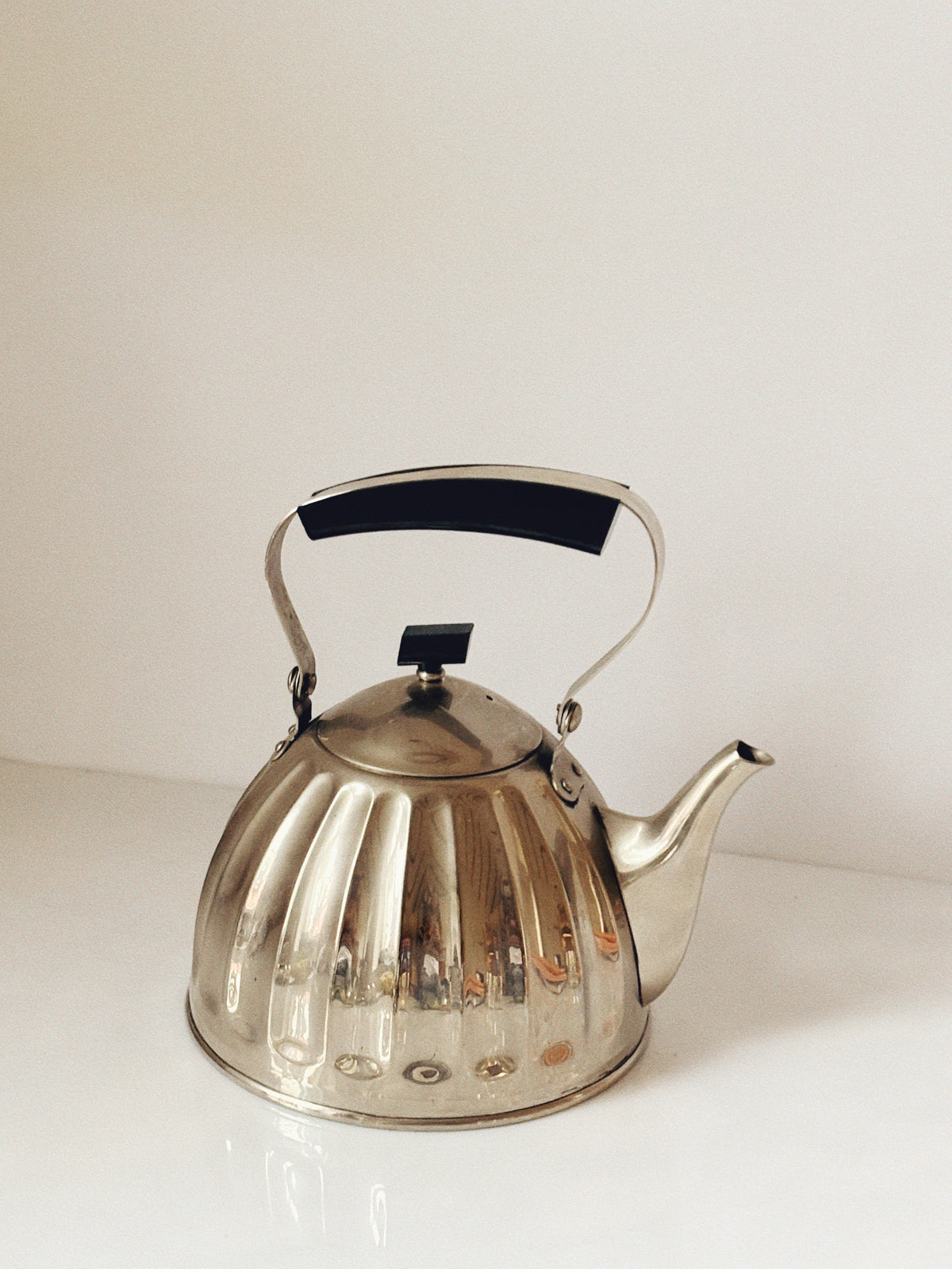 Mid Century Metal Kettle with Bakelite Handle, Gusev Russia — back view highlighting polished metal finish