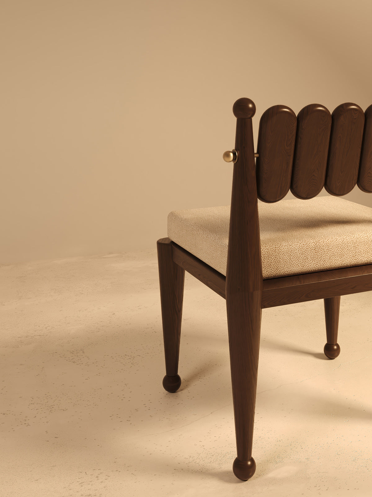 Walnut dining chair backrest detail showing oval slat design