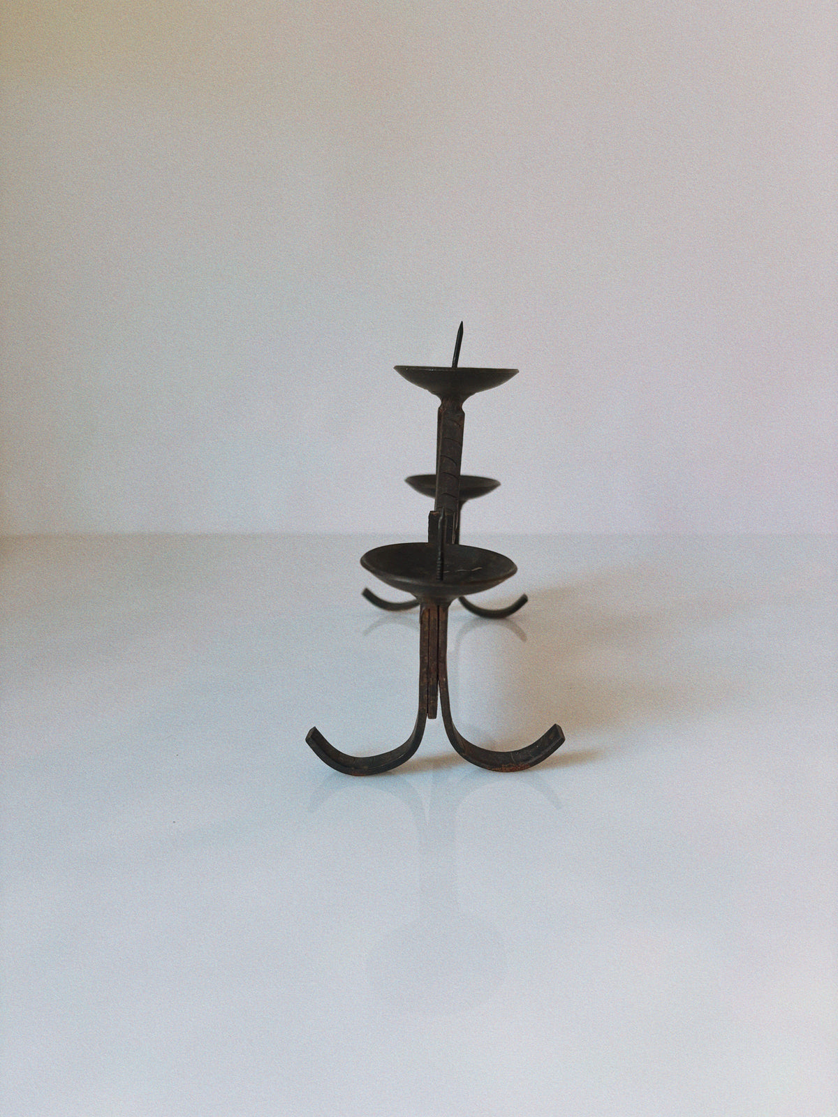 Geometric Hand Forged Metal Candlestick, Mid Century Poland — side angle