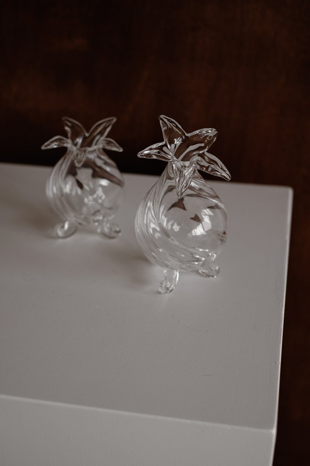 Mouthblown Glass Vase Set of 2 — back view on white pedestal