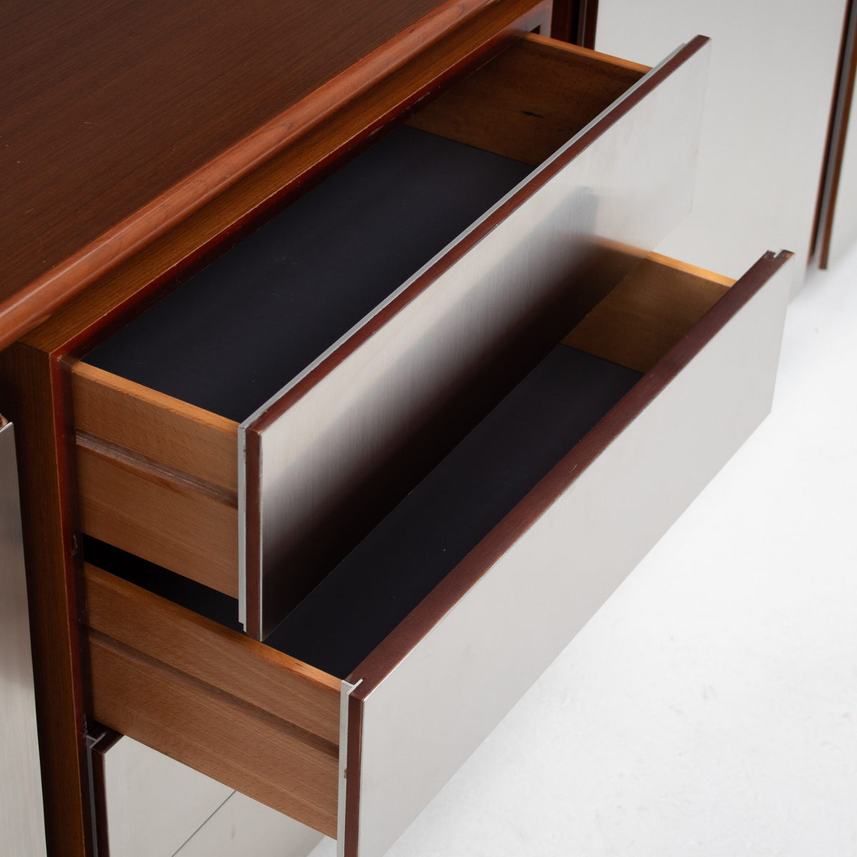 Brown Acerbis Cabinet with Chrome Doors — back view showing open drawers