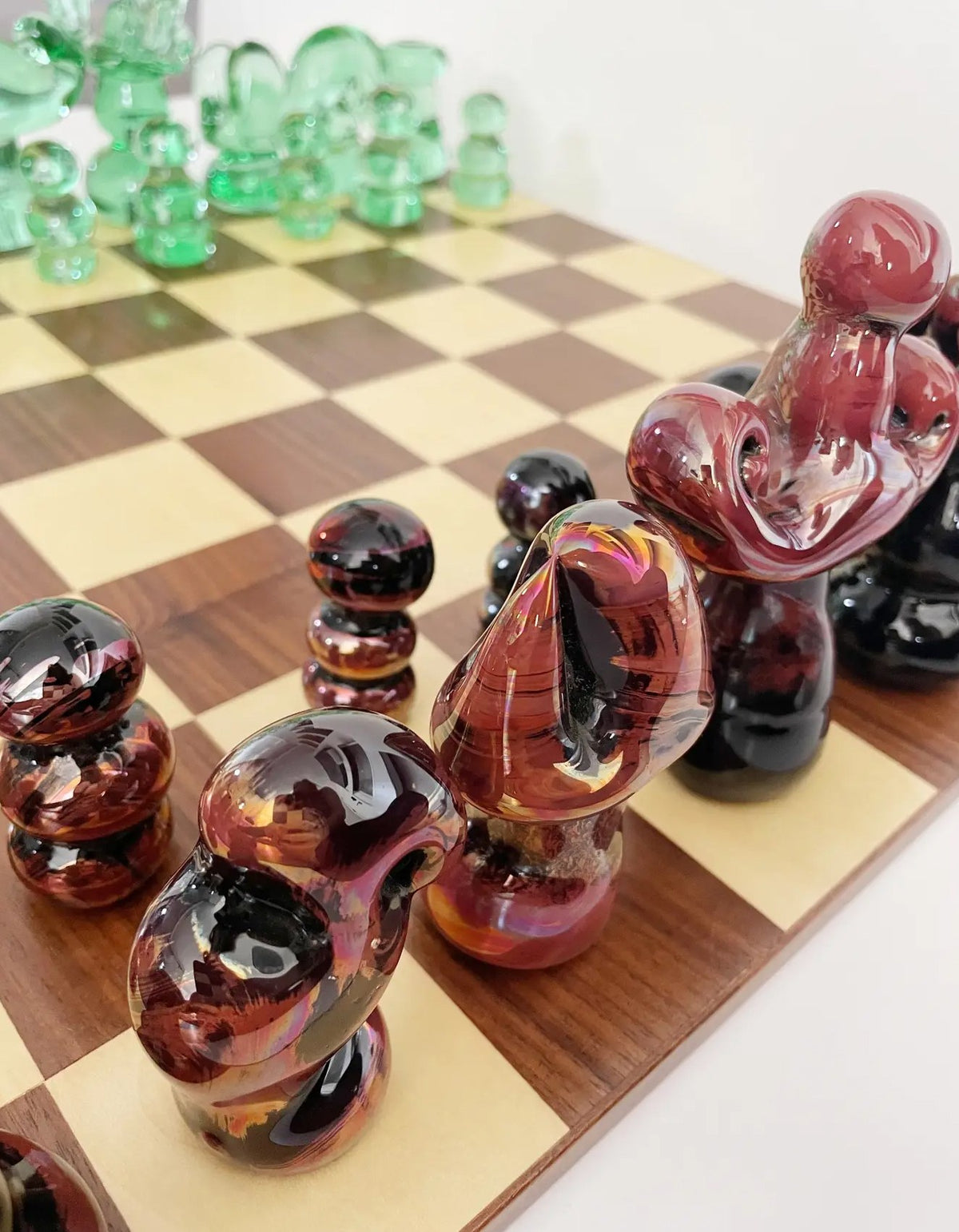 Late 20th Century Art Glass Murano Chess Set with Wood Board — side angle