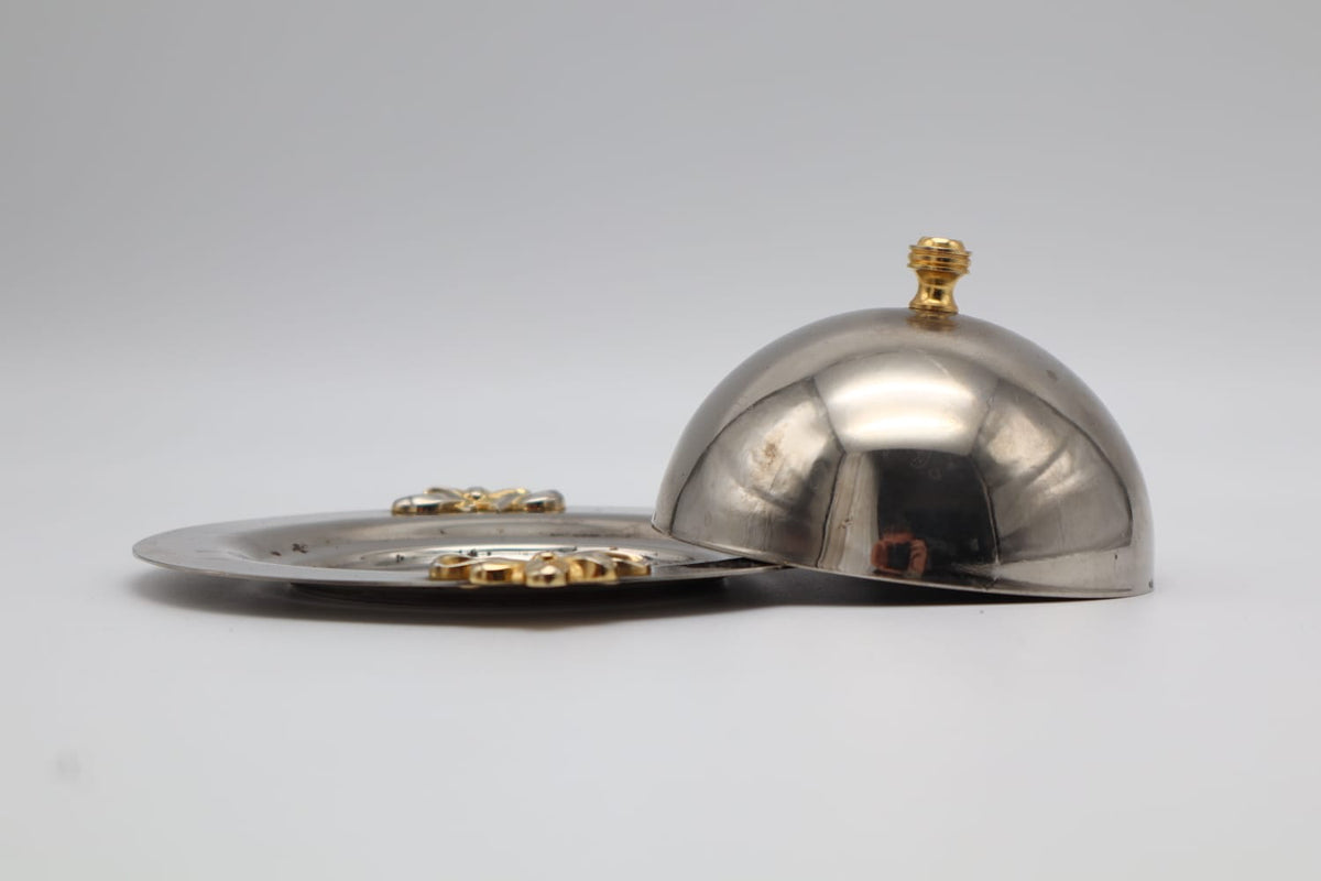 Vintage Silver-Plated Cloche with Gold Ribbon Accents – Circa 1970 — detail view