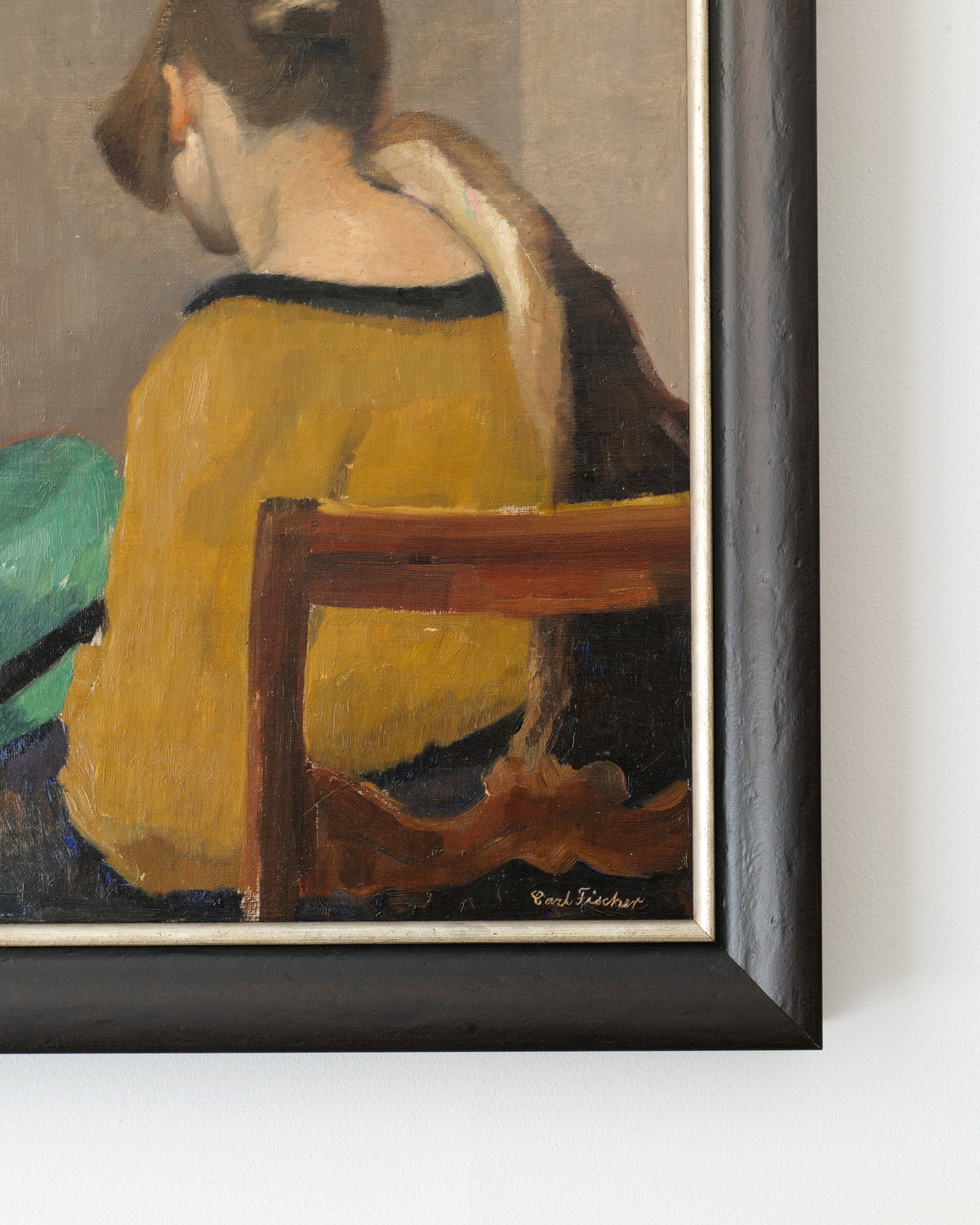 Interior study painting detail showing figure in yellow dress by Carl Fischer 1940s