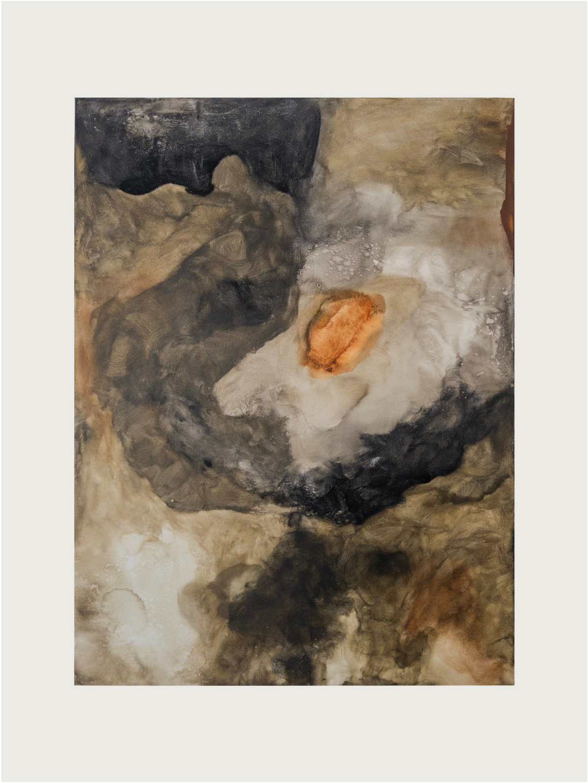 ‘Gracious Tempest’ by Natasha France is an original abstract painting with swirling brown, tan, and black tones, a soft white center, and an orange-brown core—an expressive work of contemporary art evoking movement and depth.