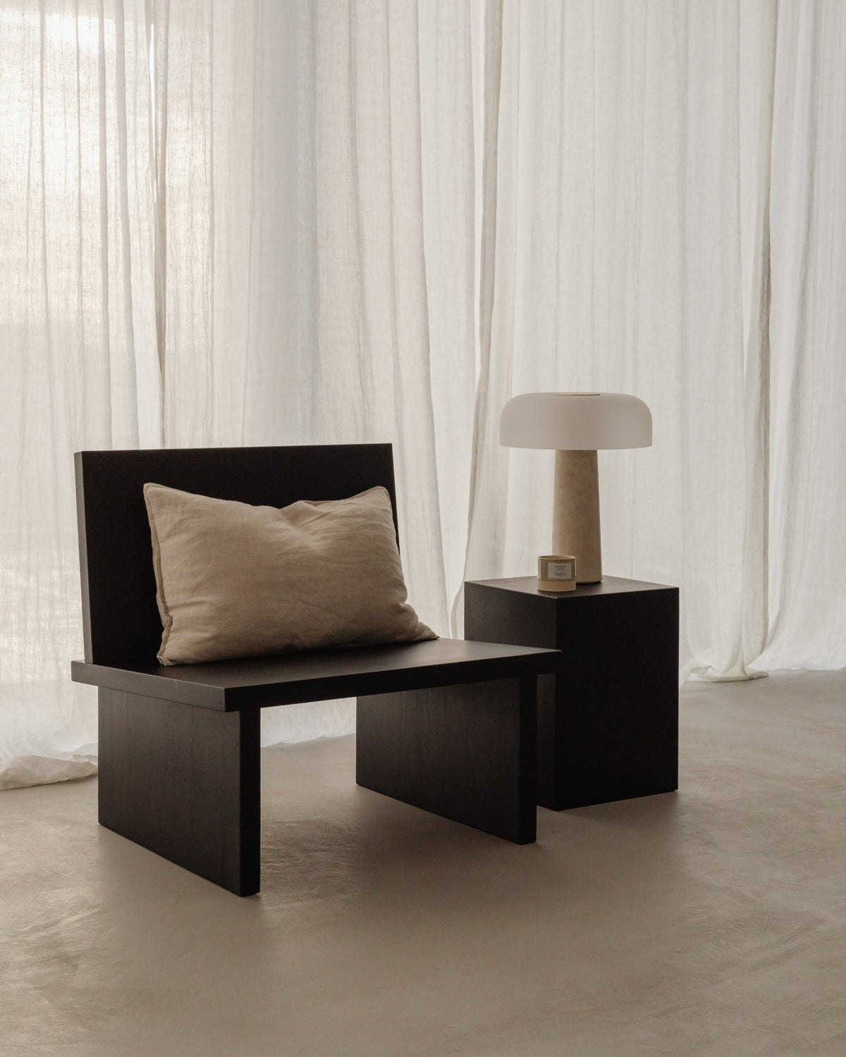 ZEBU black wooden chair with beige cushion and modern table lamp