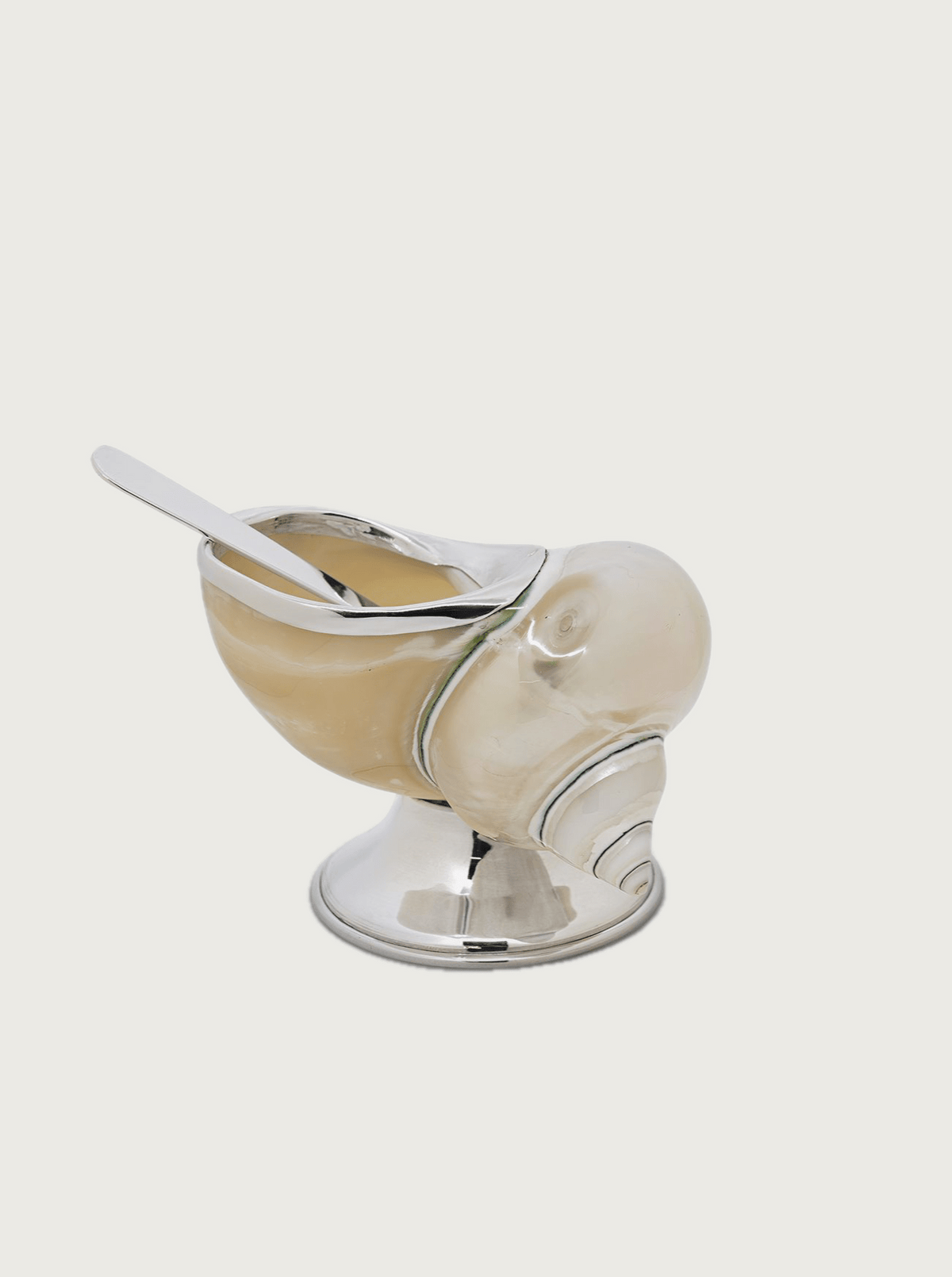 Shell Sugar Bowl — back view highlighting polished silver and shell design