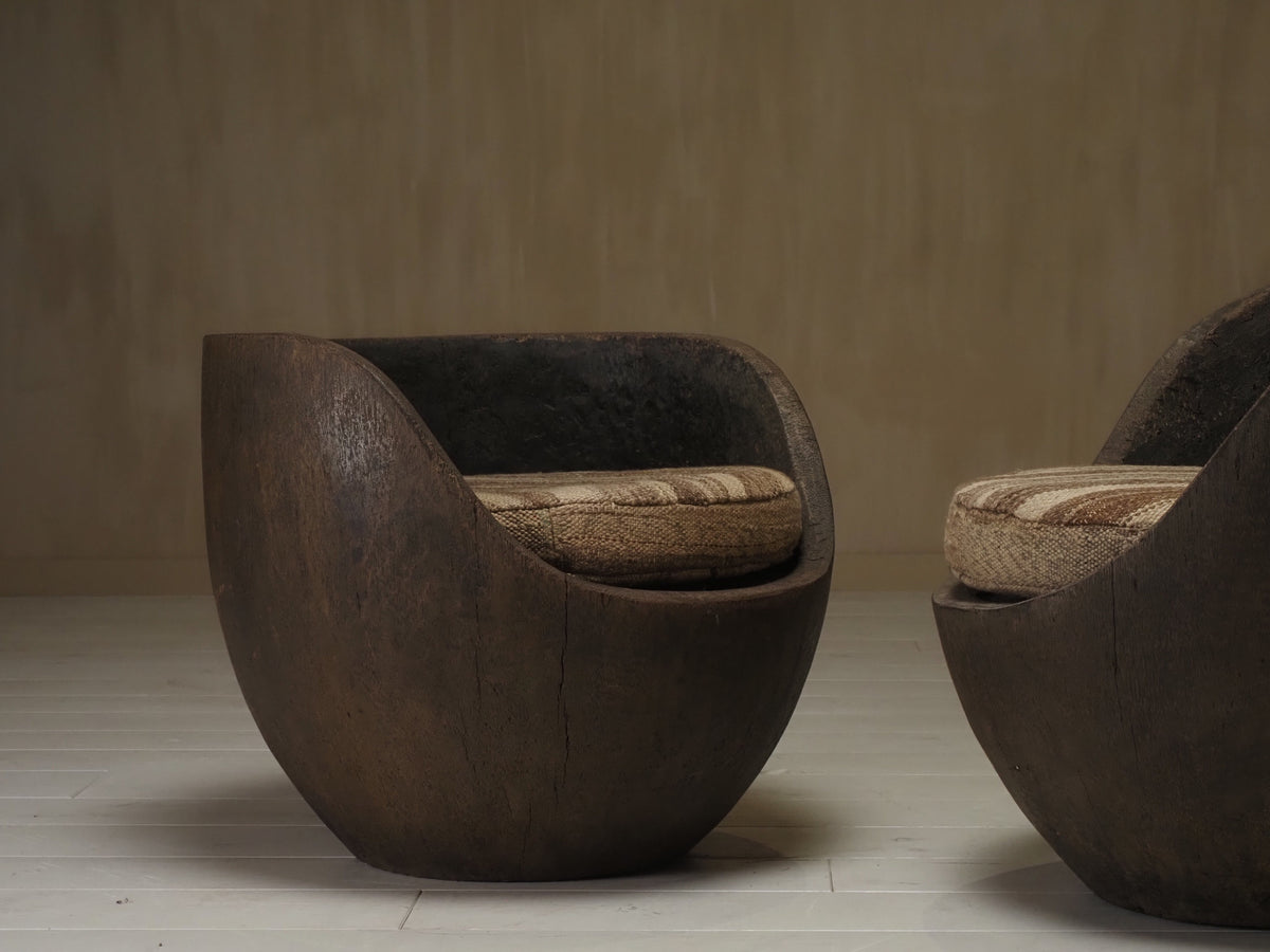 Sculptural mid-century hand-carved pair lounge chairs — view 9