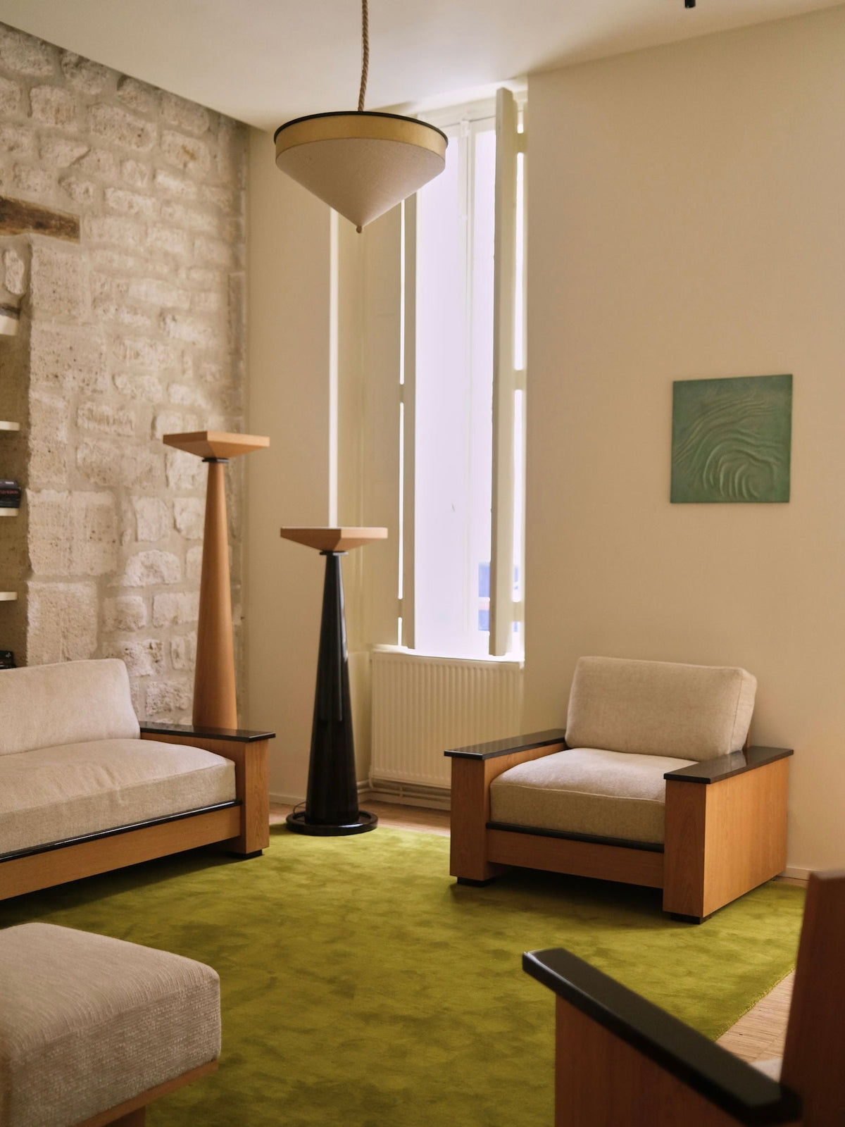 Fontainebleau Floor Lamp in oak and lacquer — positioned in modern living room setting