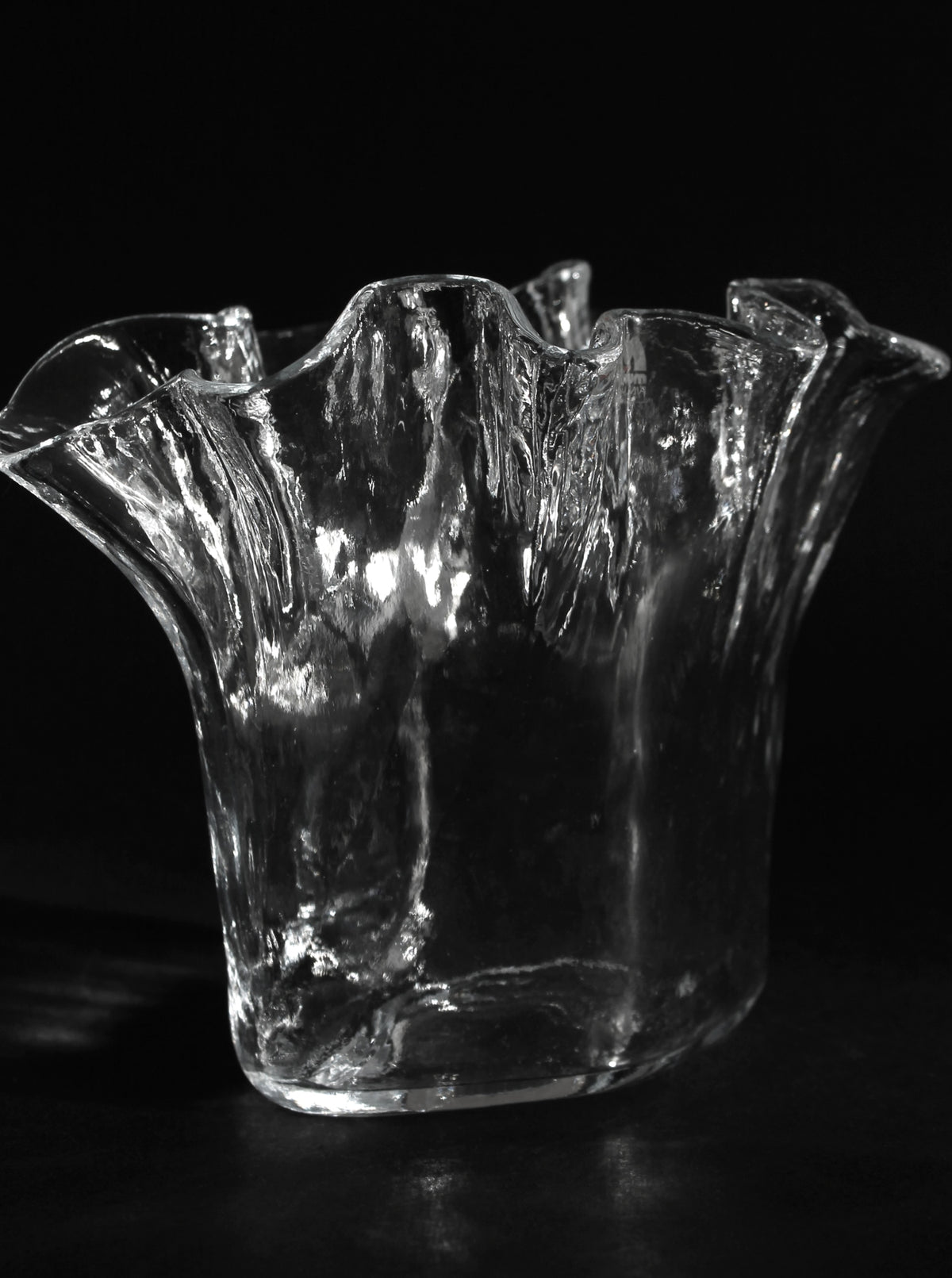 Translucent glass vase with ruffled rim detail, Finnish 1970s design