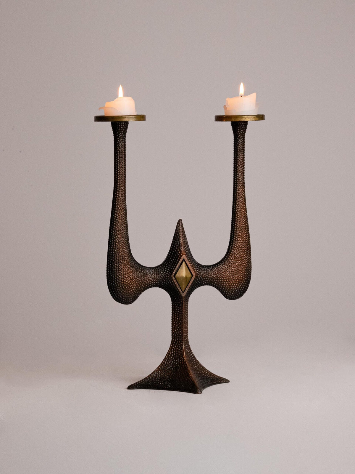 Vintage Brutalist Candle Holder, USSR Mid Century Modern 1960s-1970s Two-Arm Candelabra — lifestyle setting