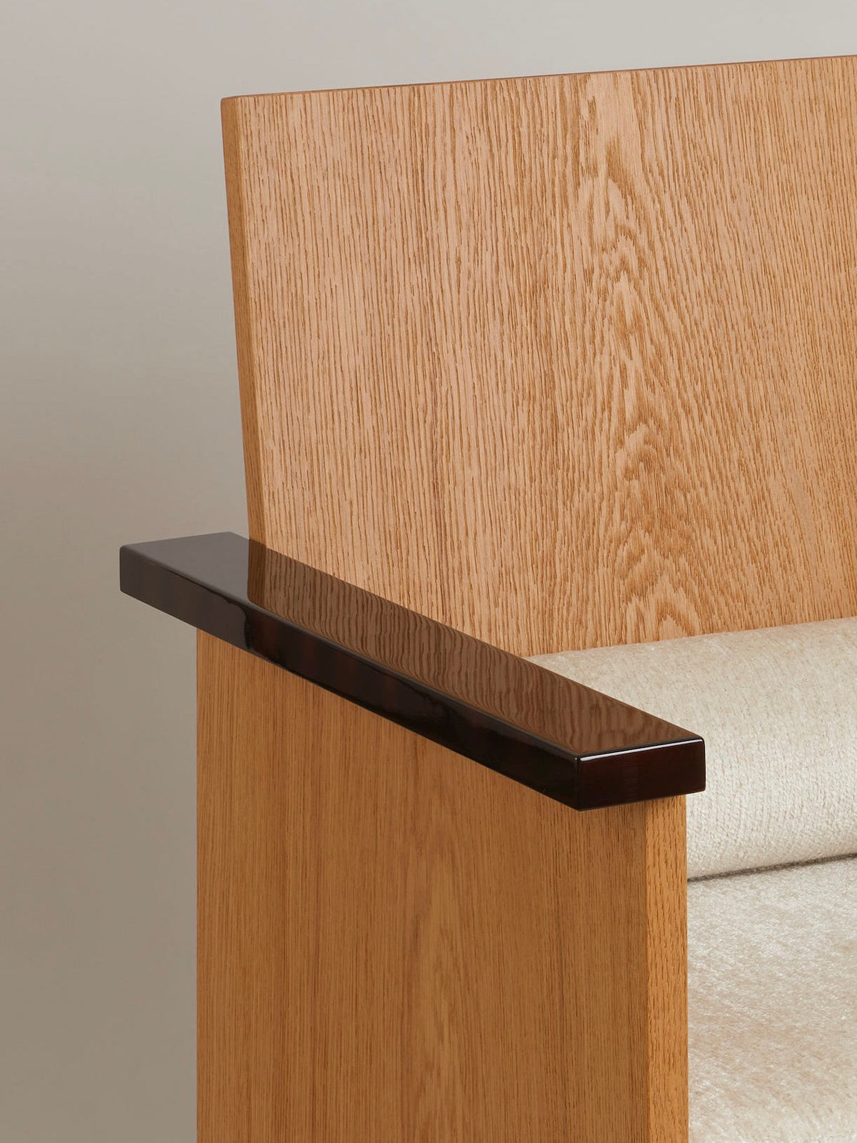 Le Parfait Armchair — top view of oak armrest detail