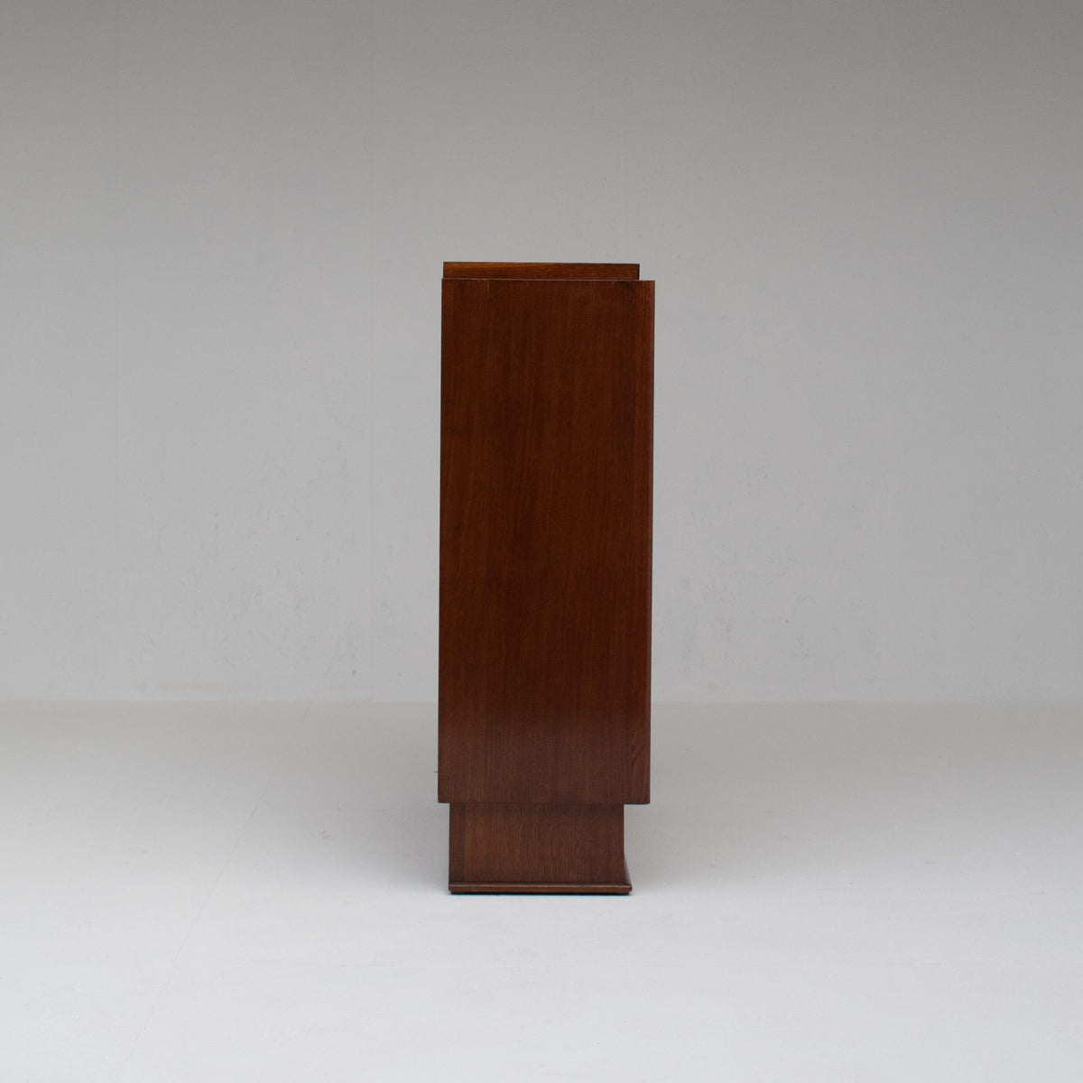 Mid-Century Oak Cabinet with Brass Handles and Decorative Inlays — close-up