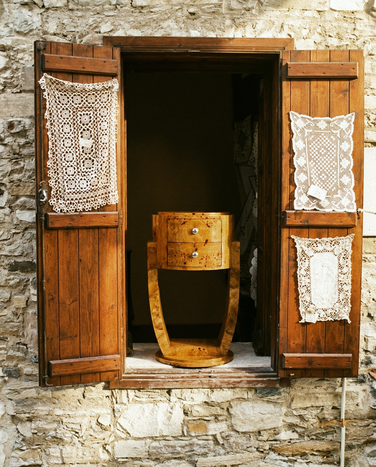 'Guillemets' Olive Burl Wood Bedside Table — close-up