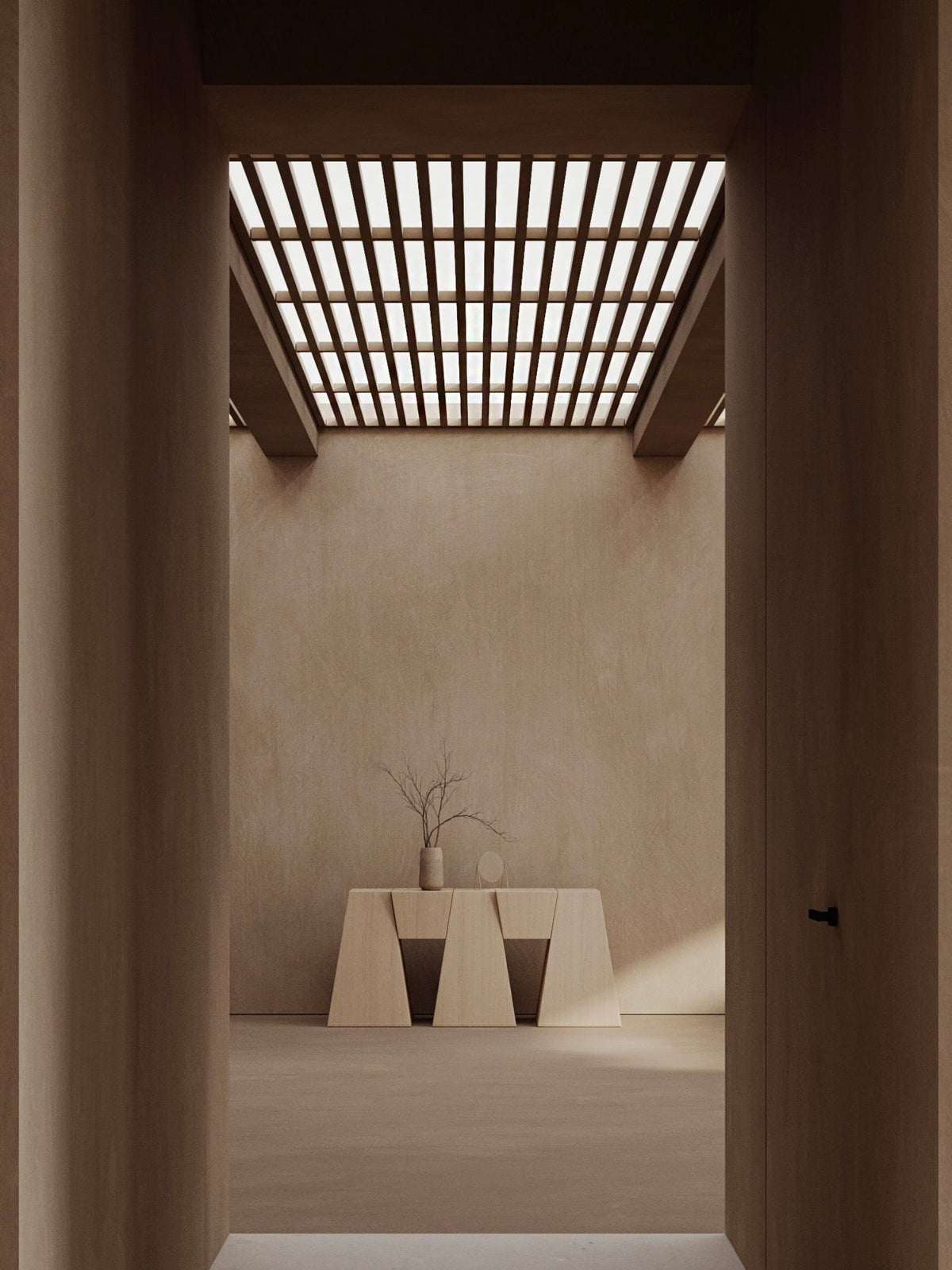 M_006 Walnut Console — side angle in minimalist room setting