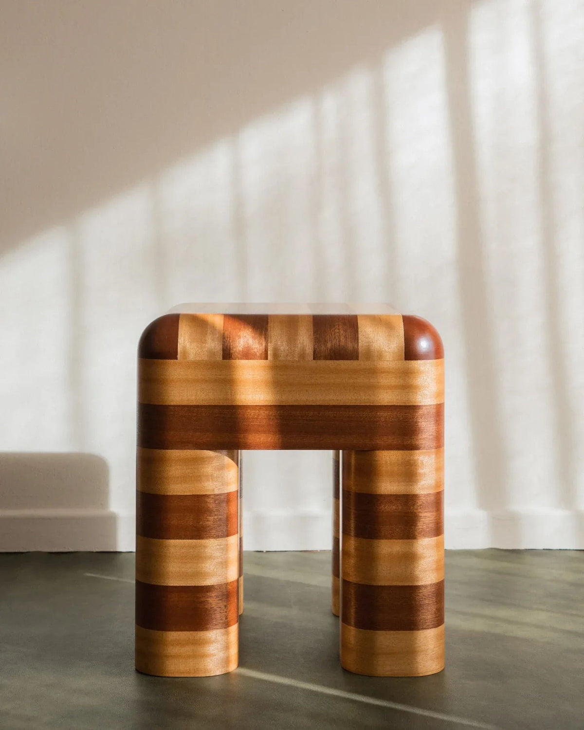 Marcello - Wooden Striped Stool / Side Table — side angle showing layered wood design